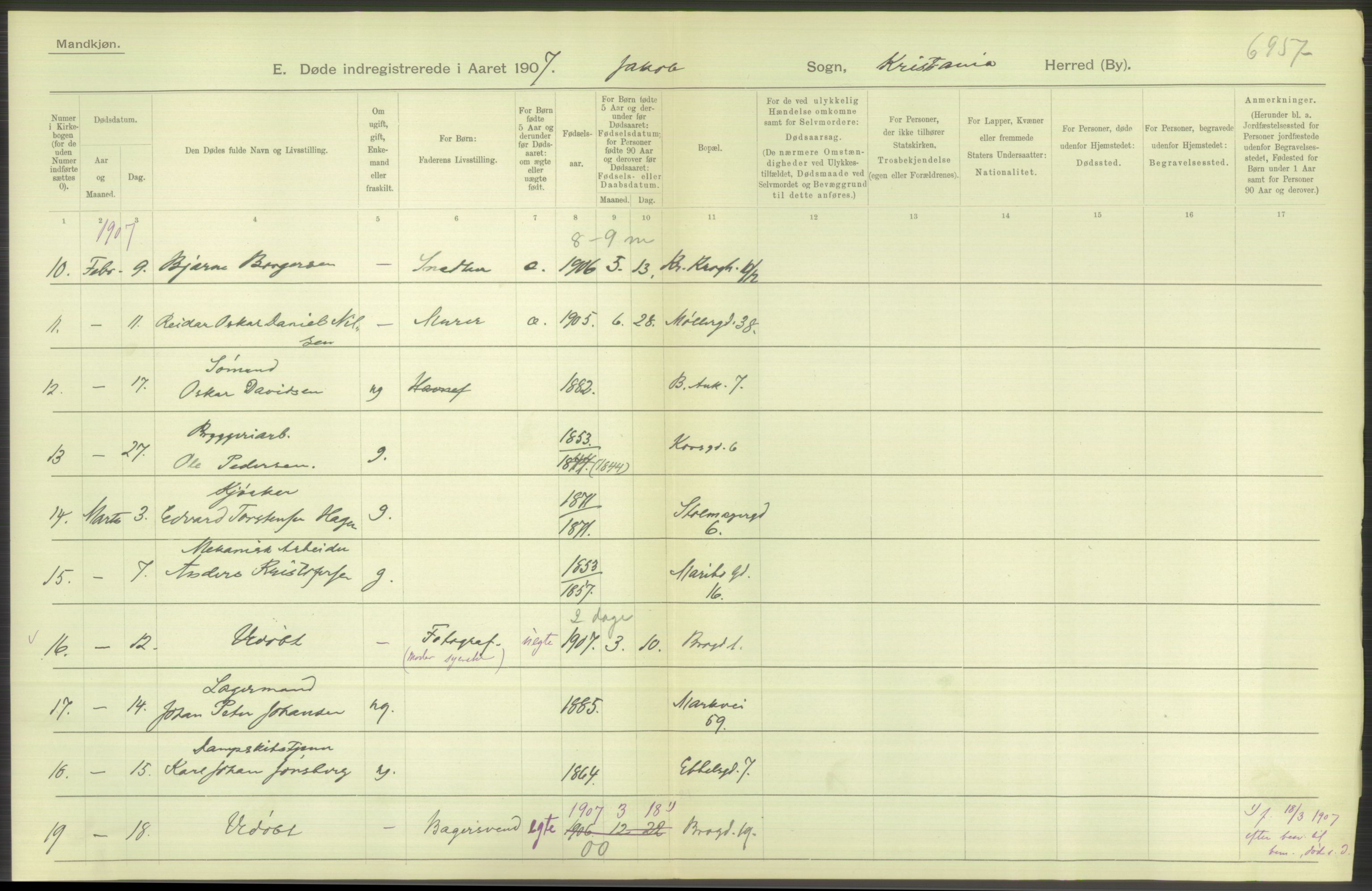 Statistisk sentralbyrå, Sosiodemografiske emner, Befolkning, AV/RA-S-2228/D/Df/Dfa/Dfae/L0010: Kristiania: Døde, dødfødte, 1907, p. 330