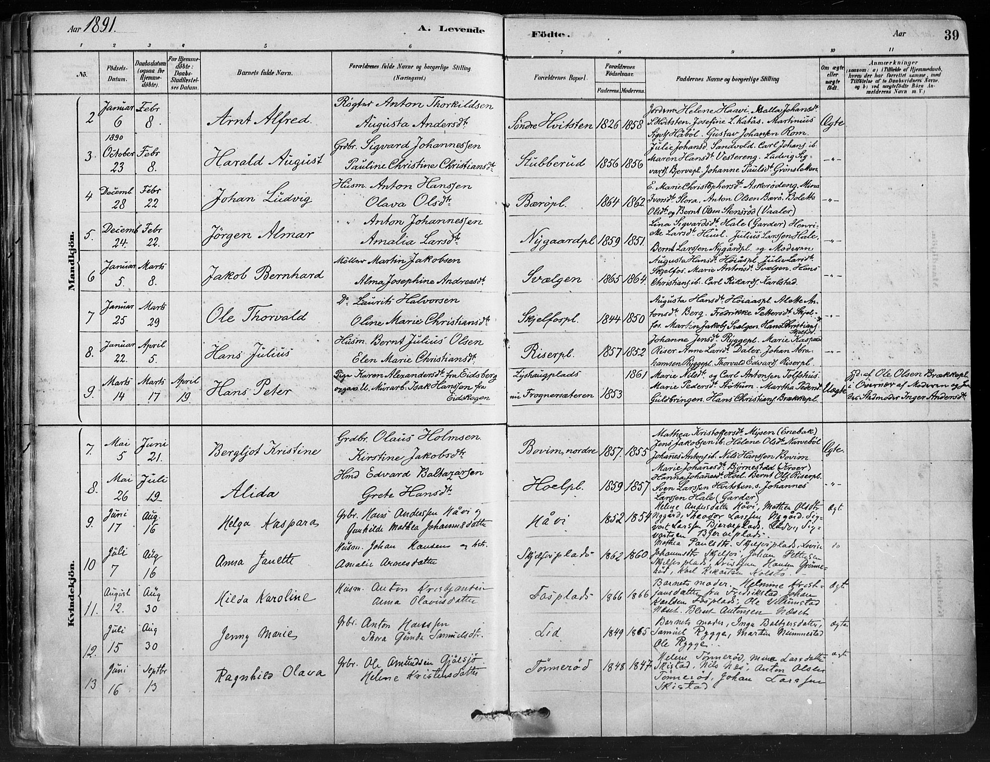Hobøl prestekontor Kirkebøker, AV/SAO-A-2002/F/Fa/L0005: Parish register (official) no. I 5, 1878-1904, p. 39