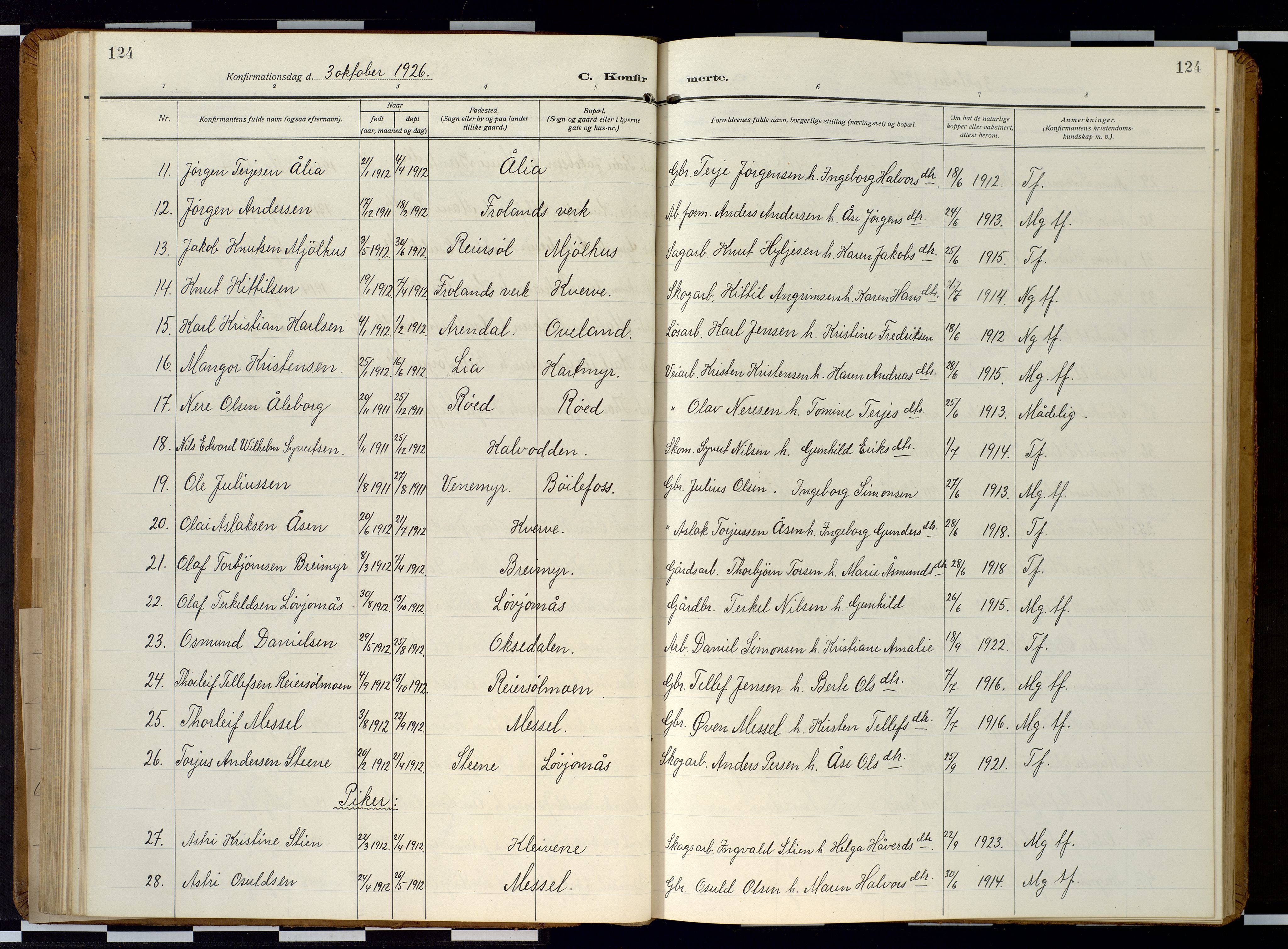 Froland sokneprestkontor, AV/SAK-1111-0013/F/Fb/L0011: Parish register (copy) no. B 11, 1921-1947, p. 124