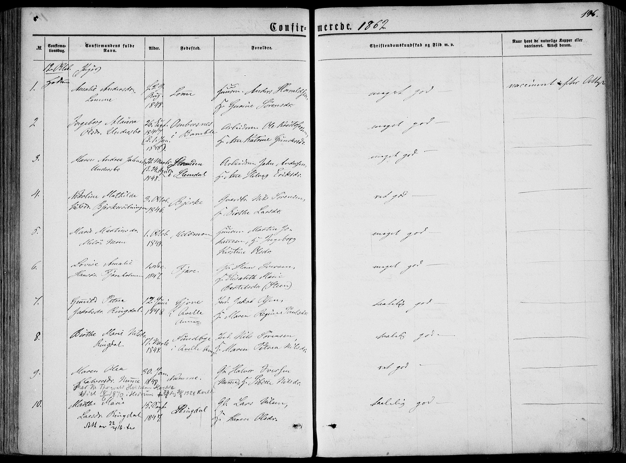 Hedrum kirkebøker, AV/SAKO-A-344/F/Fa/L0007: Parish register (official) no. I 7, 1857-1868, p. 196