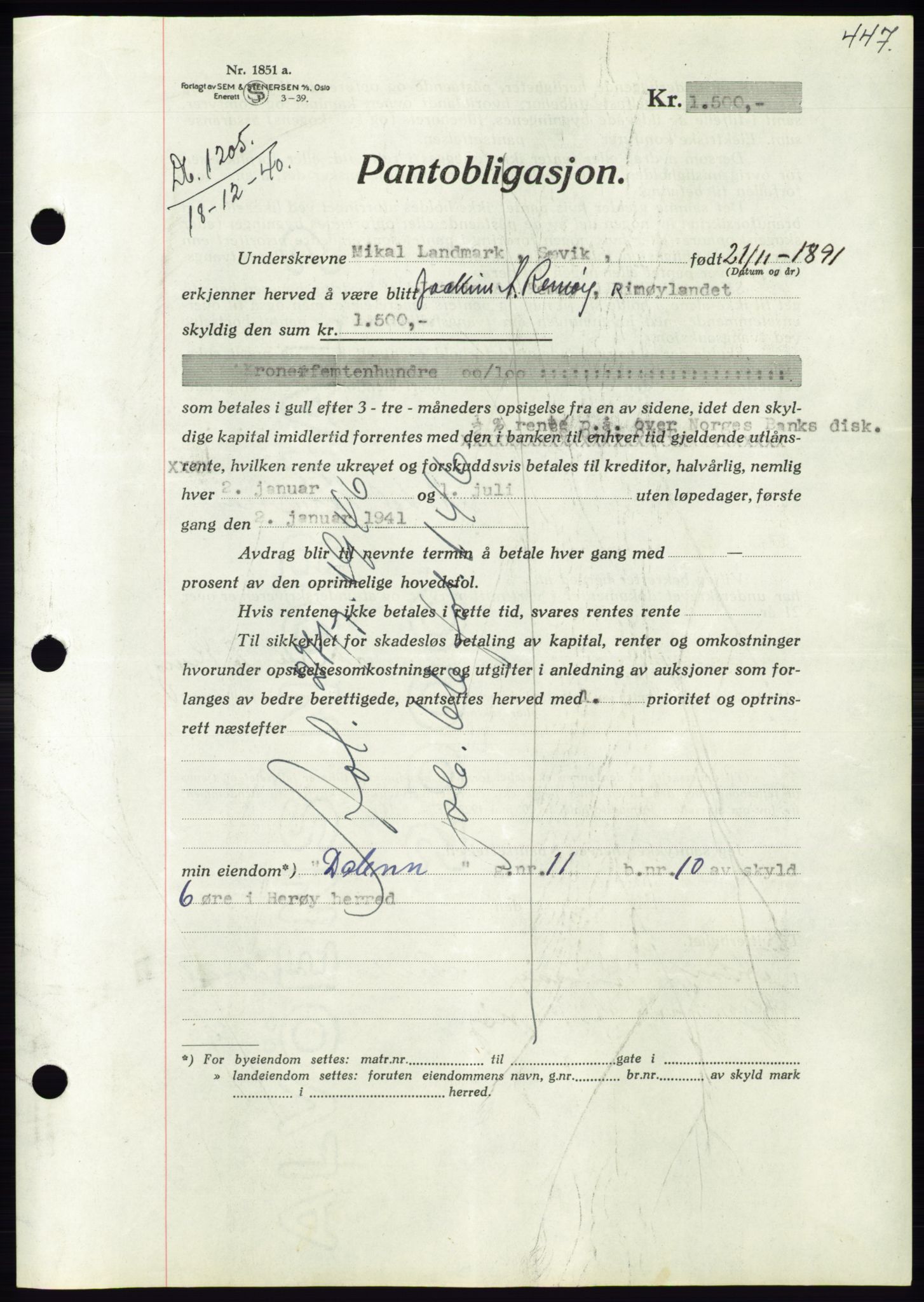 Søre Sunnmøre sorenskriveri, AV/SAT-A-4122/1/2/2C/L0070: Mortgage book no. 64, 1940-1941, Diary no: : 1205/1940