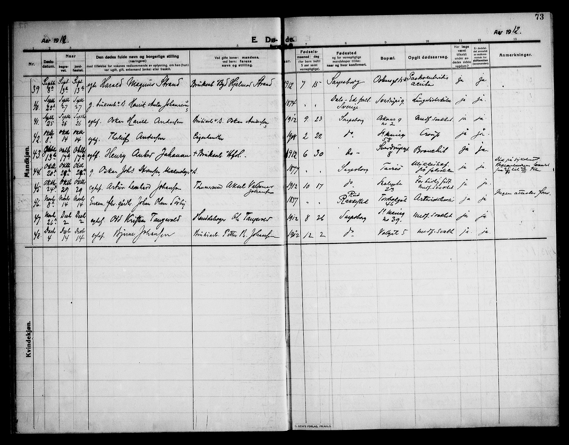 Sarpsborg prestekontor Kirkebøker, AV/SAO-A-2006/F/Fa/L0007: Parish register (official) no. 7, 1910-1918, p. 73