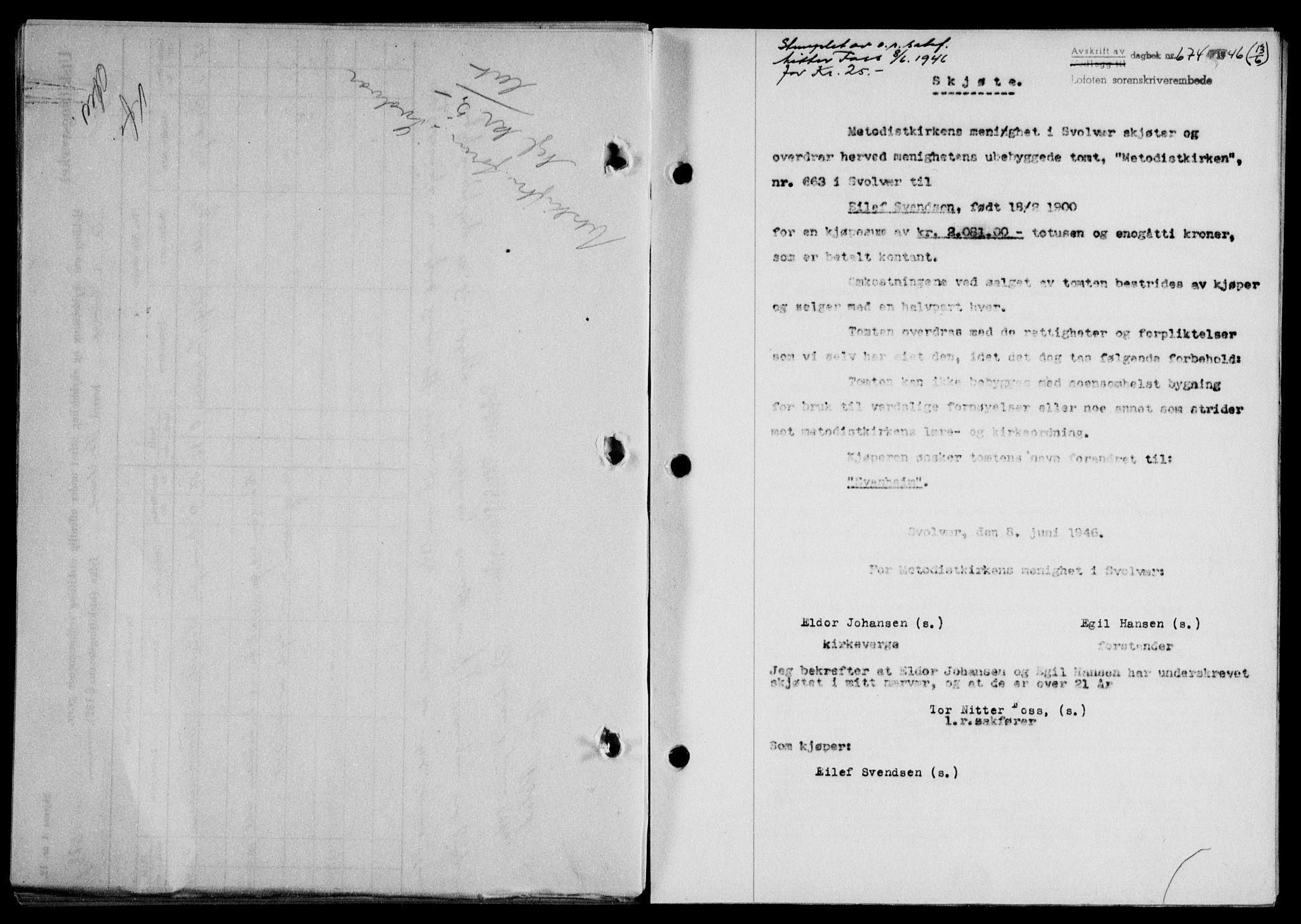 Lofoten sorenskriveri, SAT/A-0017/1/2/2C/L0014a: Mortgage book no. 14a, 1946-1946, Diary no: : 674/1946