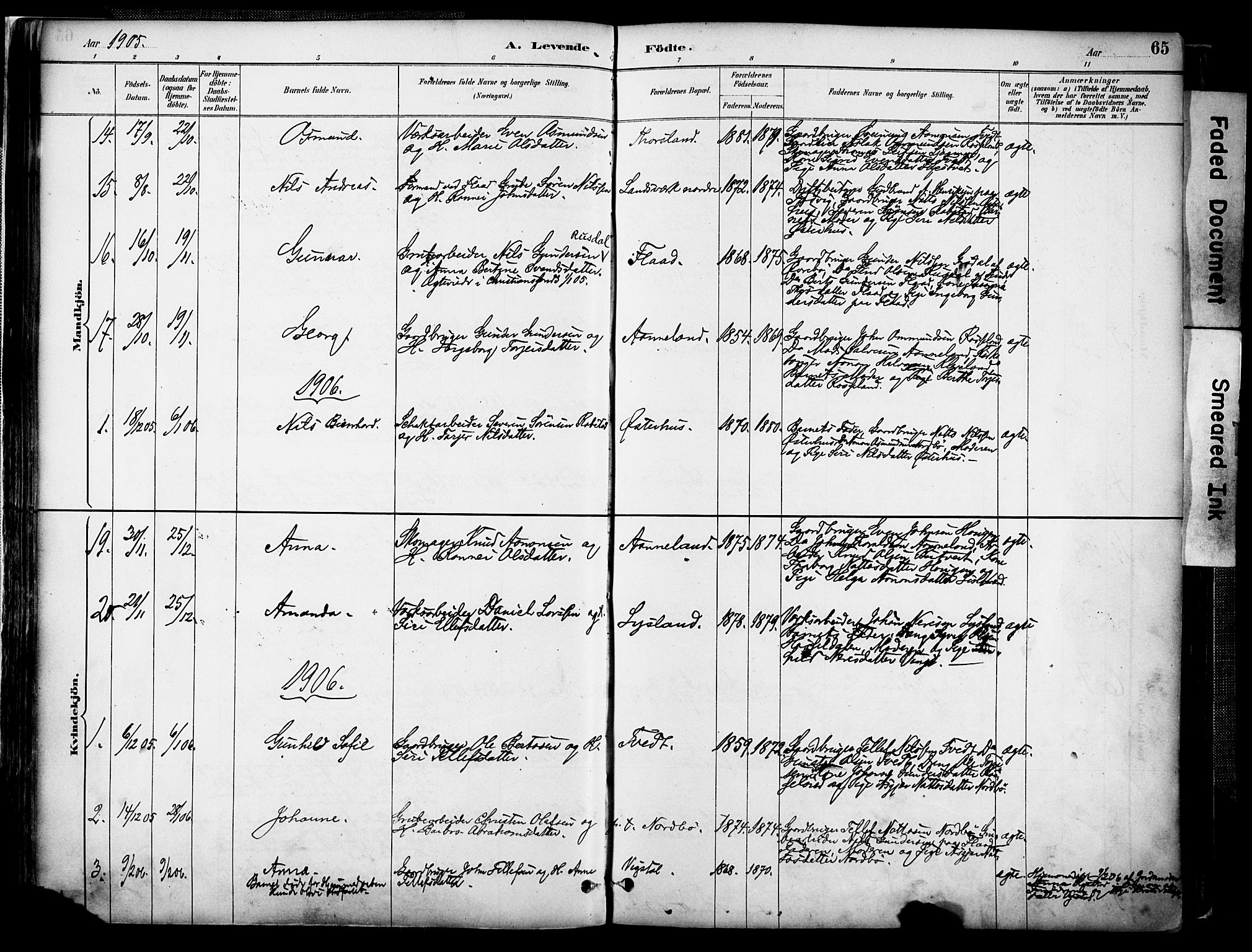 Evje sokneprestkontor, AV/SAK-1111-0008/F/Fa/Faa/L0007: Parish register (official) no. A 7, 1884-1909, p. 65