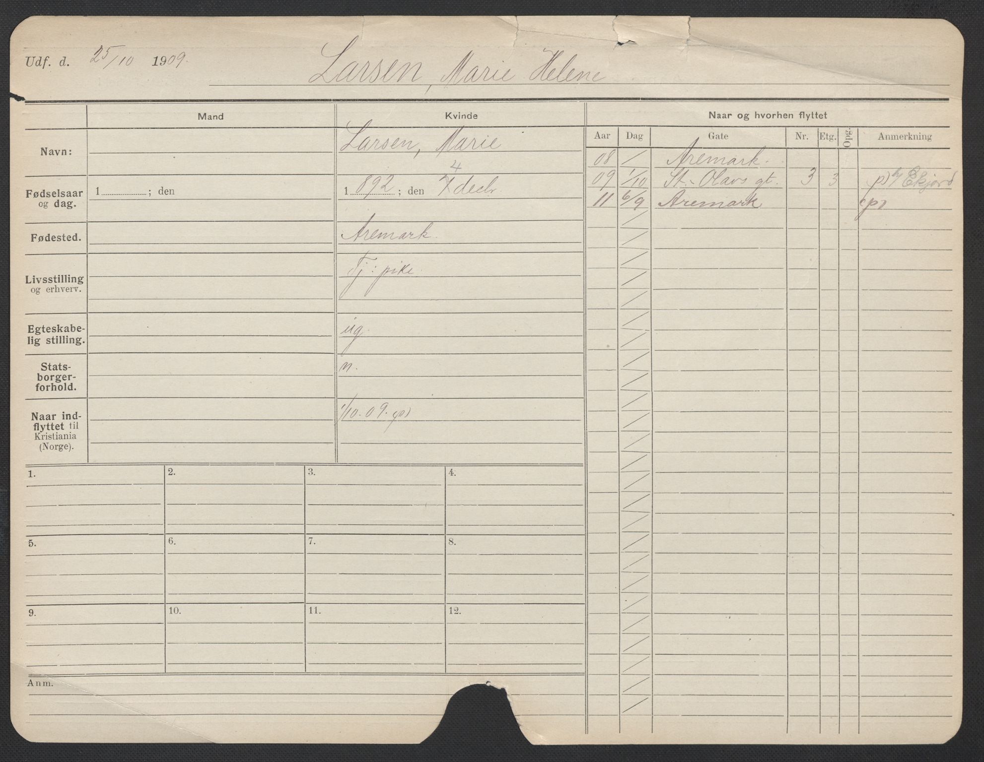 Oslo folkeregister, Registerkort, AV/SAO-A-11715/F/Fa/Fac/L0019: Kvinner, 1906-1914, p. 1080a