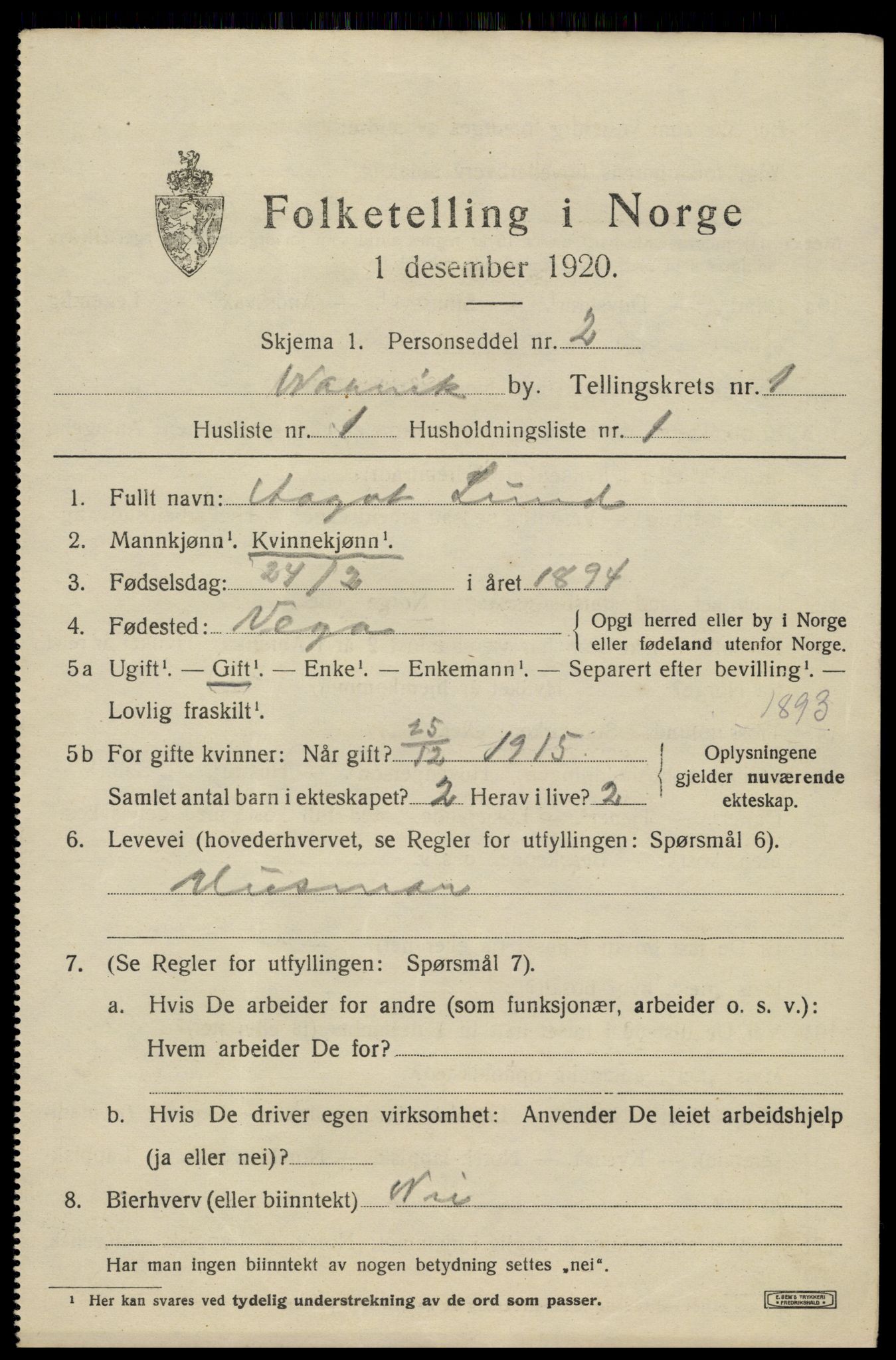 SAT, 1920 census for Narvik, 1920, p. 3988