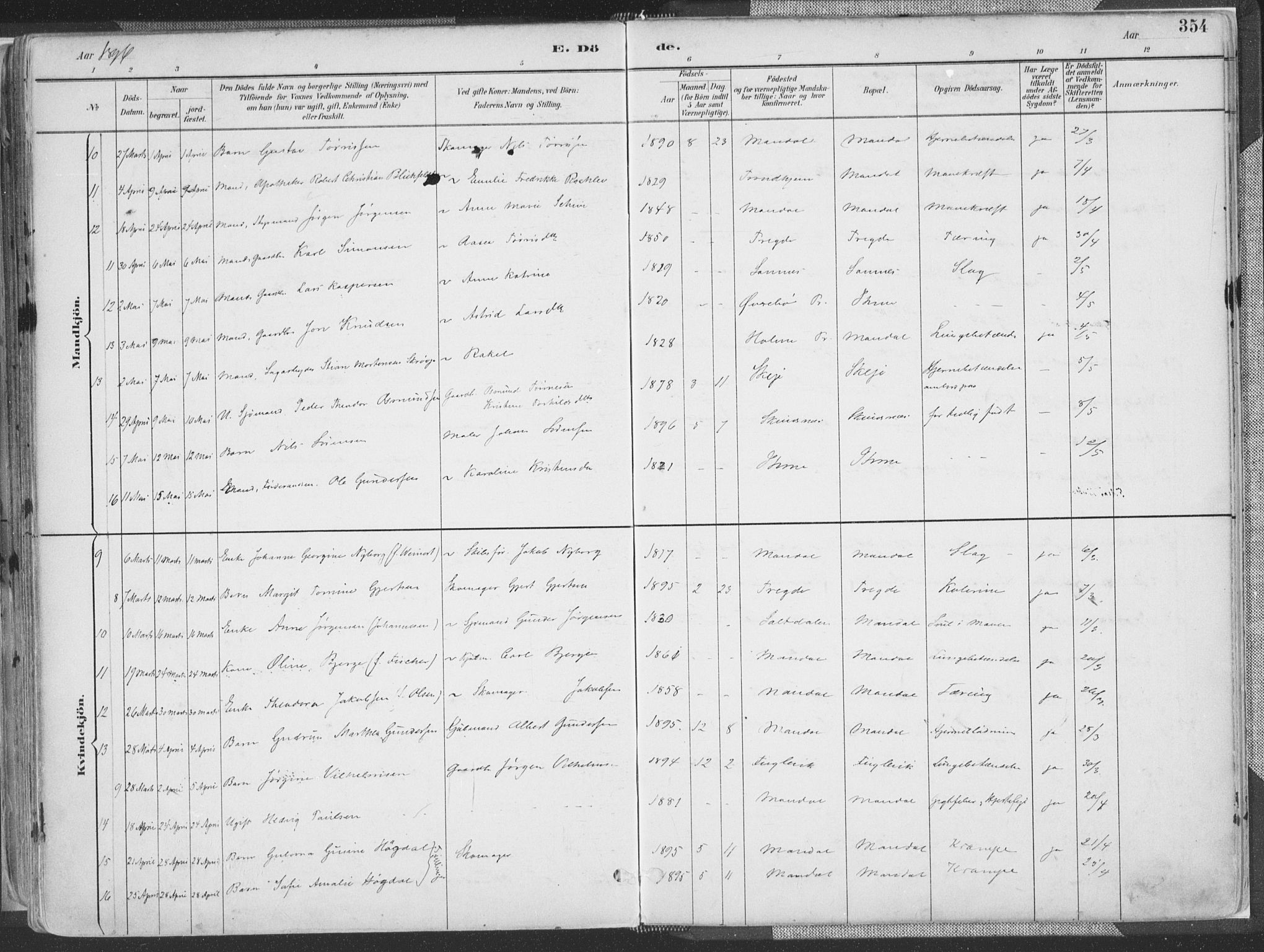 Mandal sokneprestkontor, AV/SAK-1111-0030/F/Fa/Faa/L0018: Parish register (official) no. A 18, 1890-1905, p. 354
