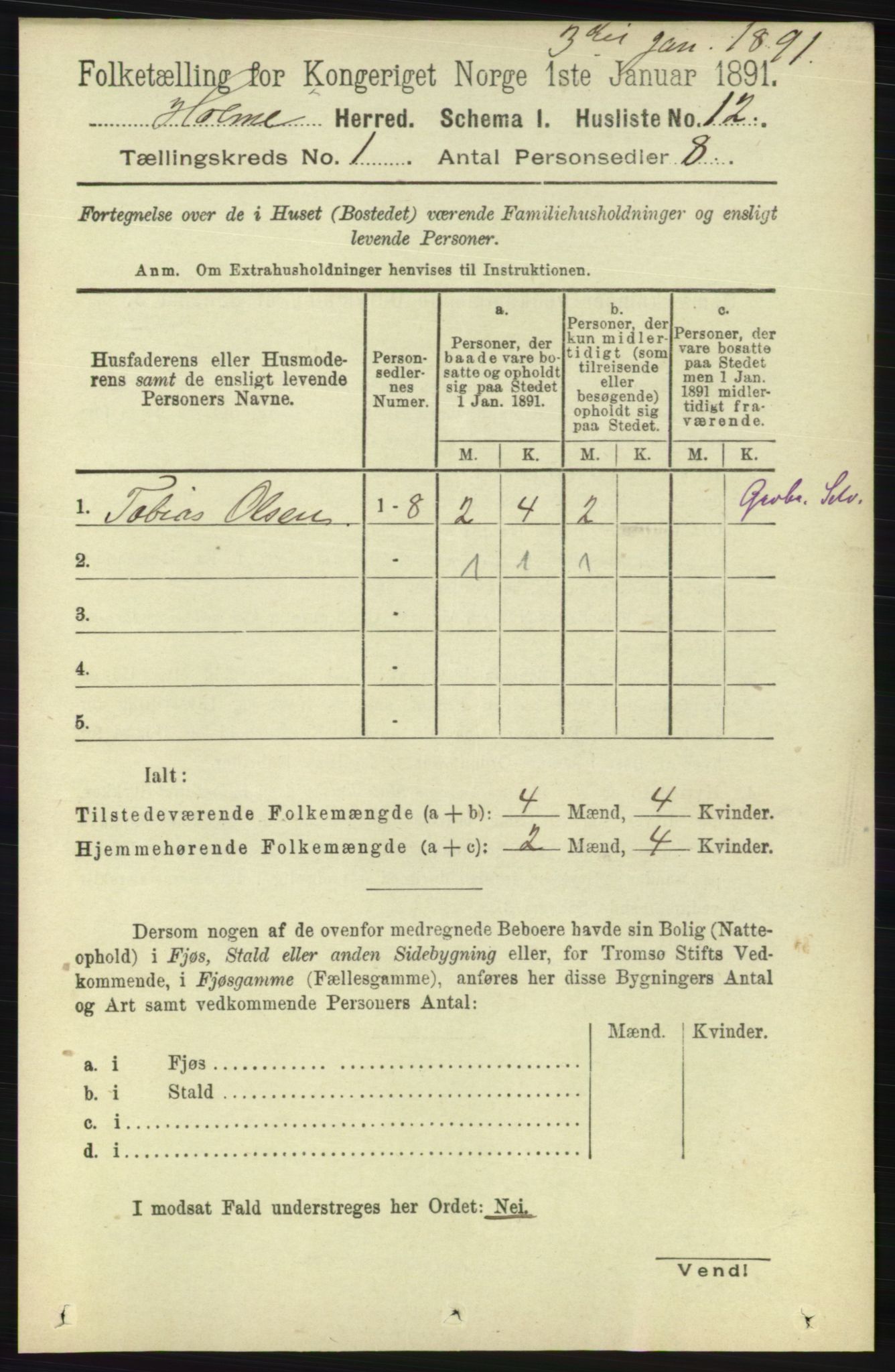 RA, 1891 census for 1020 Holum, 1891, p. 32