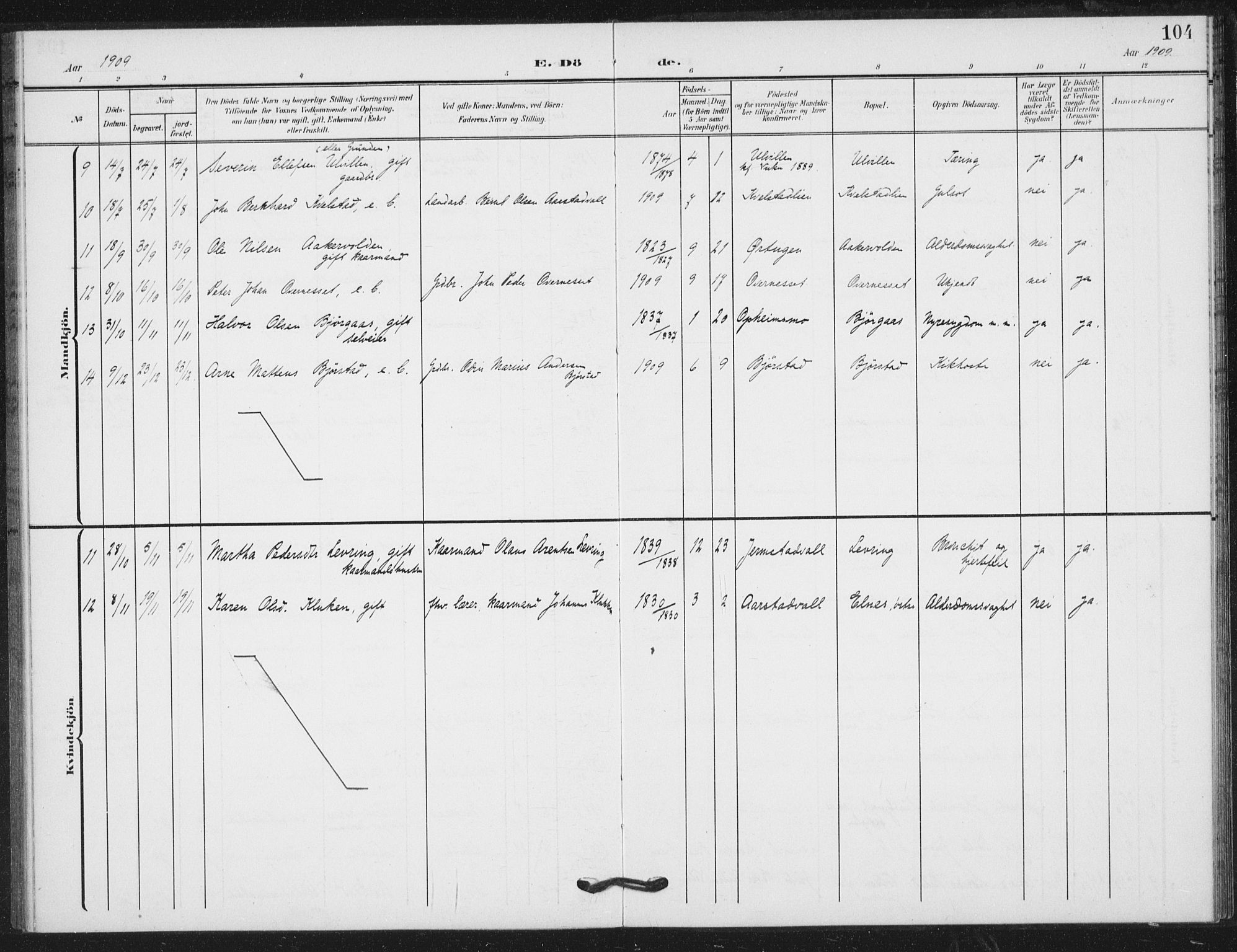 Ministerialprotokoller, klokkerbøker og fødselsregistre - Nord-Trøndelag, AV/SAT-A-1458/724/L0264: Parish register (official) no. 724A02, 1908-1915, p. 104