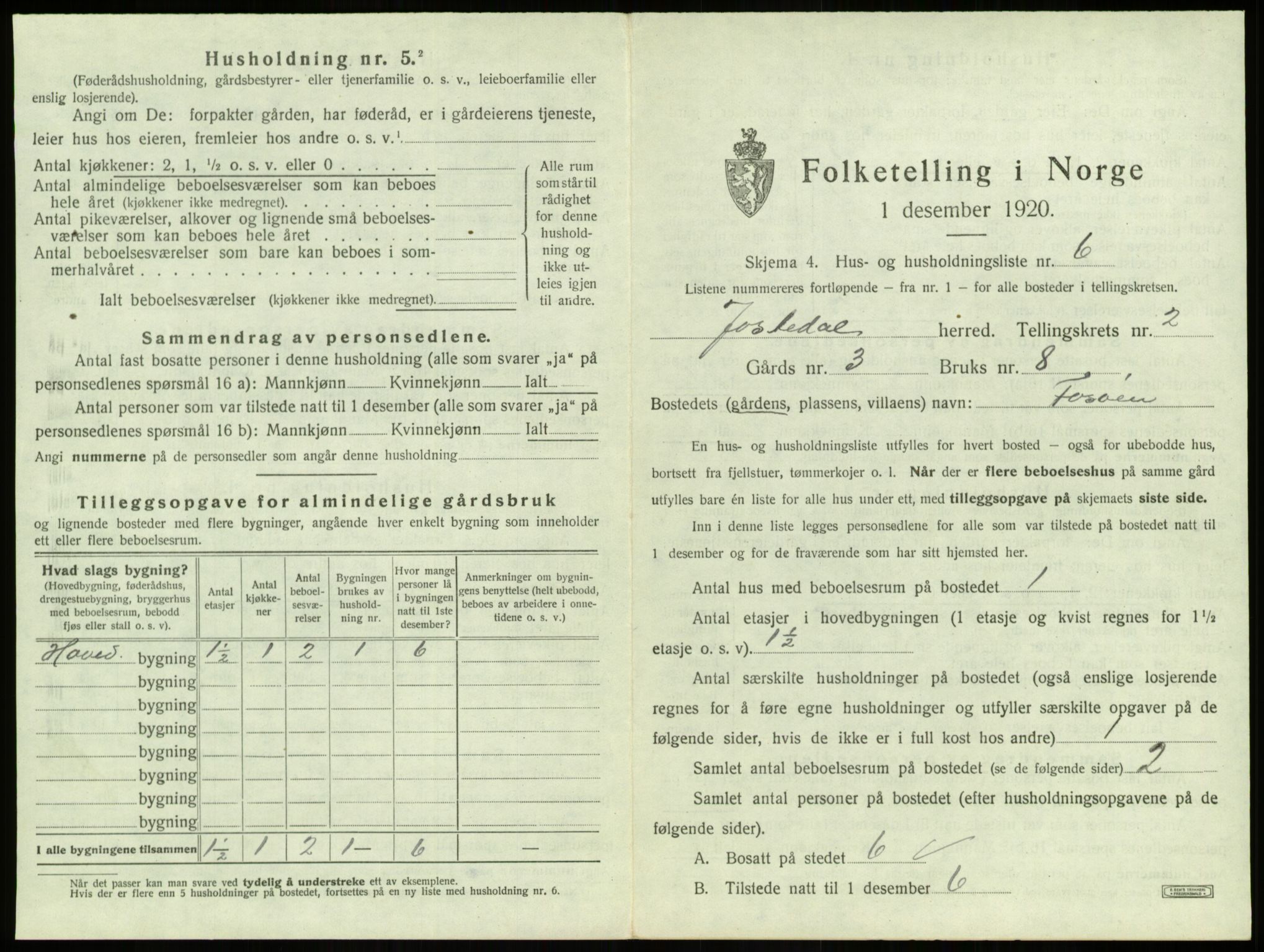 SAB, 1920 census for Jostedal, 1920, p. 67