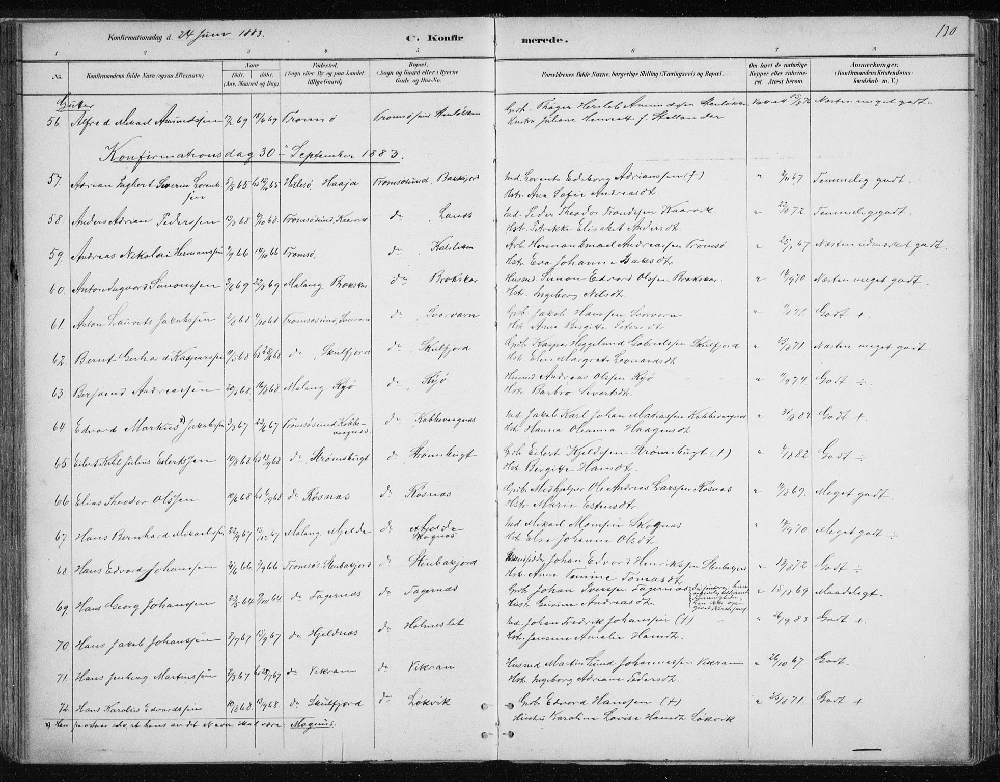 Tromsøysund sokneprestkontor, AV/SATØ-S-1304/G/Ga/L0004kirke: Parish register (official) no. 4, 1880-1888, p. 130