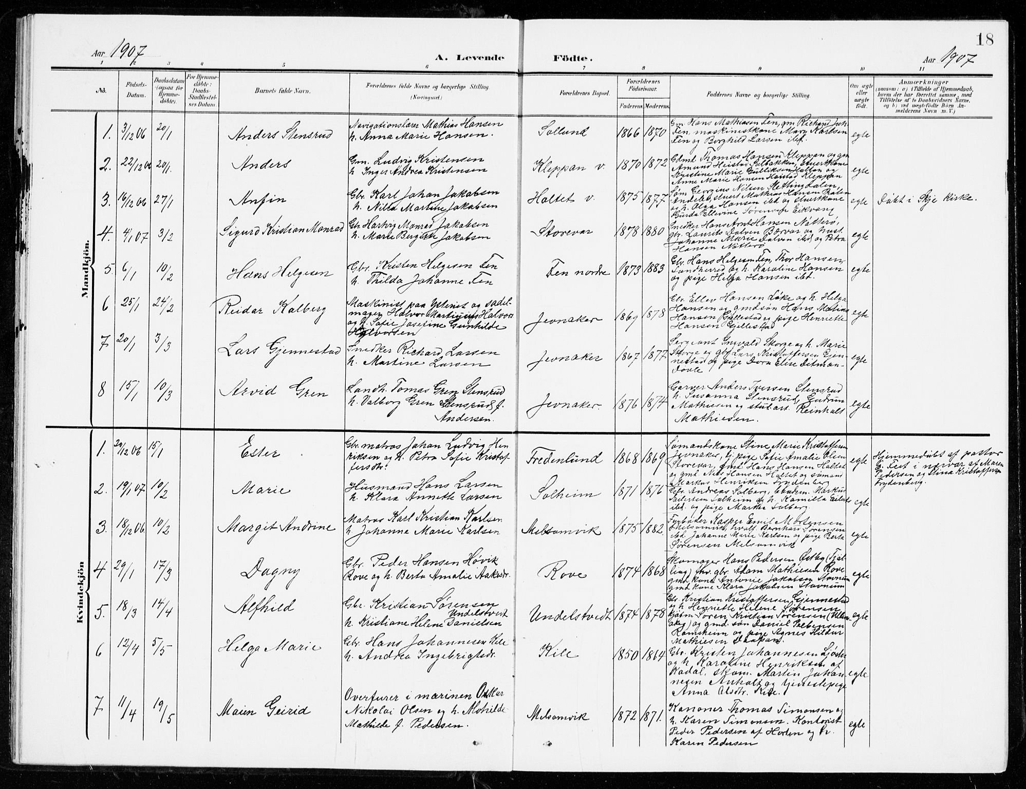 Stokke kirkebøker, SAKO/A-320/G/Ga/L0001: Parish register (copy) no. I 1, 1904-1940, p. 18
