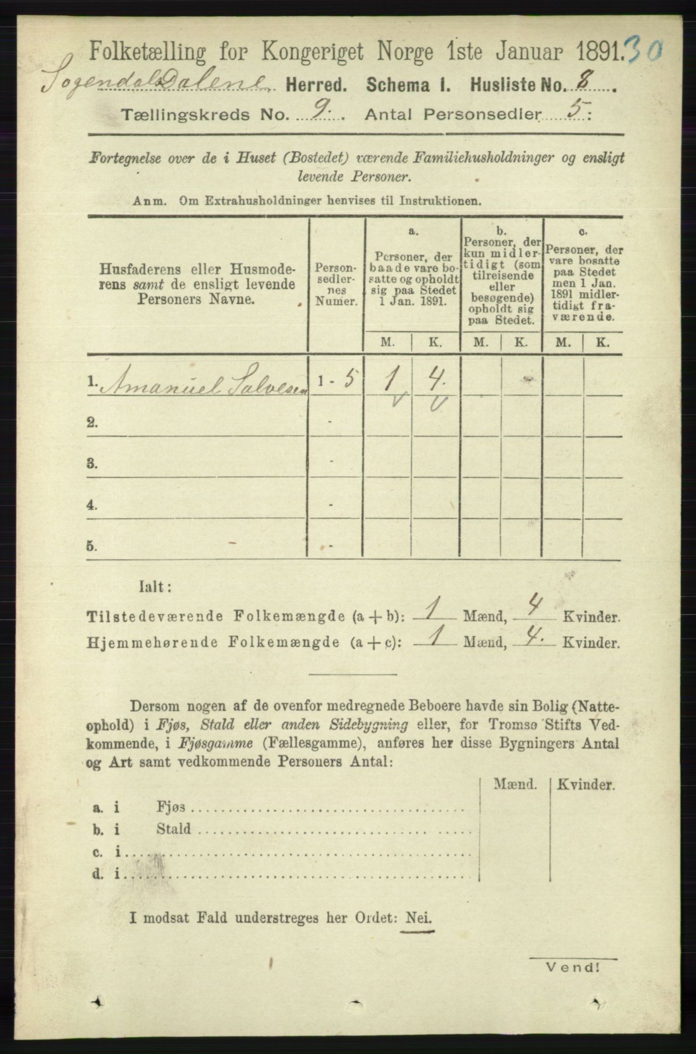 RA, 1891 census for 1111 Sokndal, 1891, p. 3125