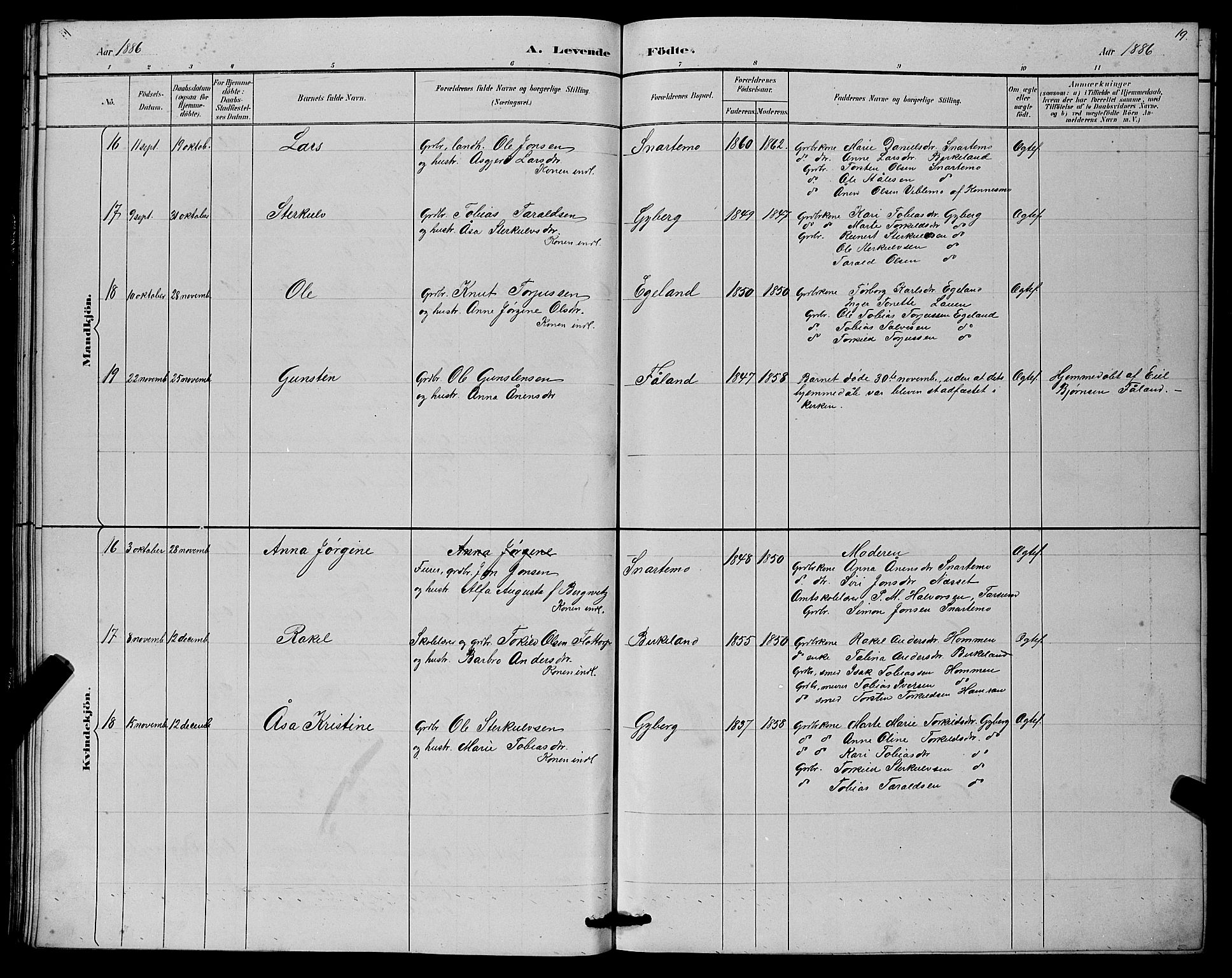 Hægebostad sokneprestkontor, AV/SAK-1111-0024/F/Fb/Fba/L0003: Parish register (copy) no. B 3, 1883-1896, p. 19