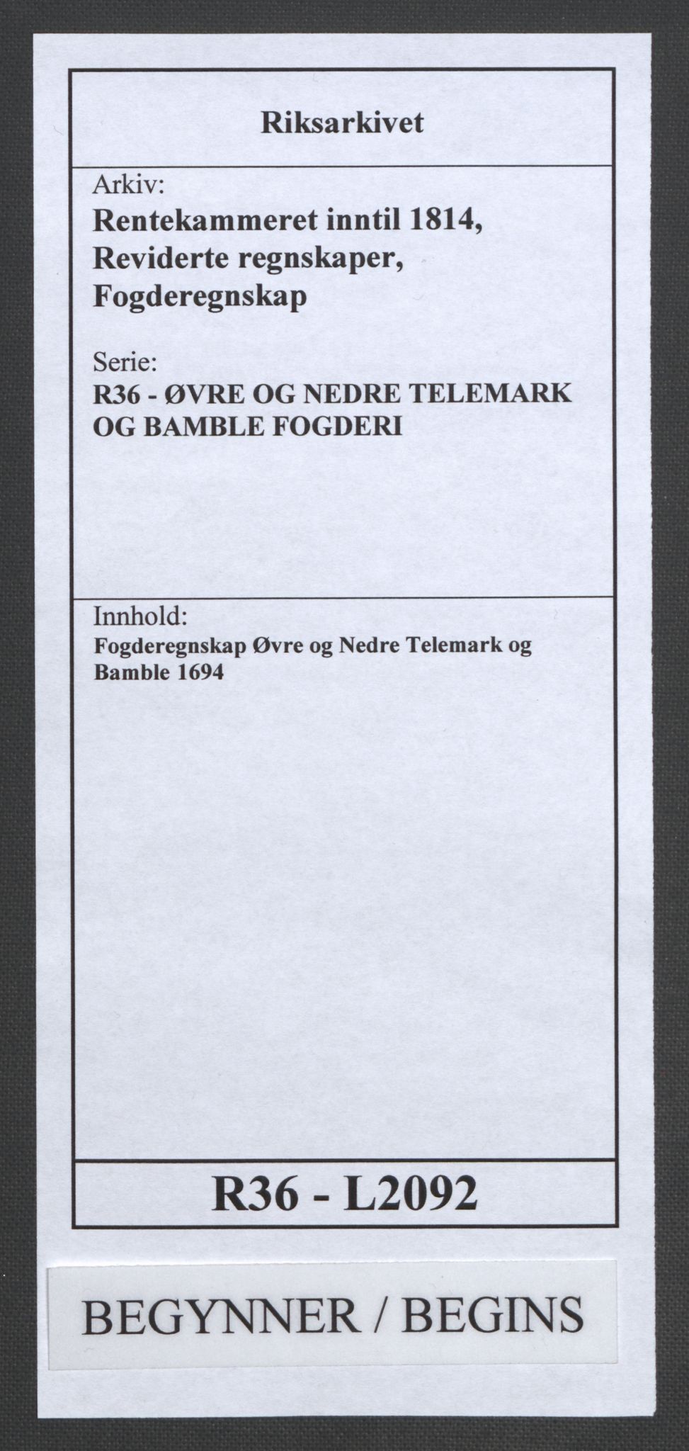 Rentekammeret inntil 1814, Reviderte regnskaper, Fogderegnskap, RA/EA-4092/R36/L2092: Fogderegnskap Øvre og Nedre Telemark og Bamble, 1694, p. 1