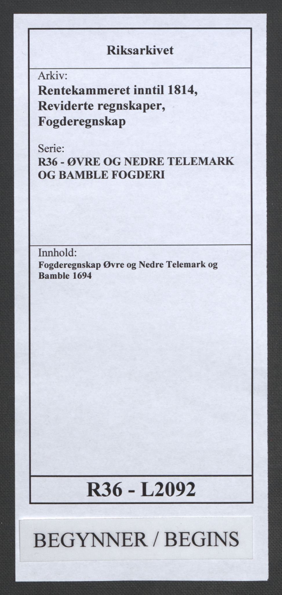 Rentekammeret inntil 1814, Reviderte regnskaper, Fogderegnskap, AV/RA-EA-4092/R36/L2092: Fogderegnskap Øvre og Nedre Telemark og Bamble, 1694, p. 1