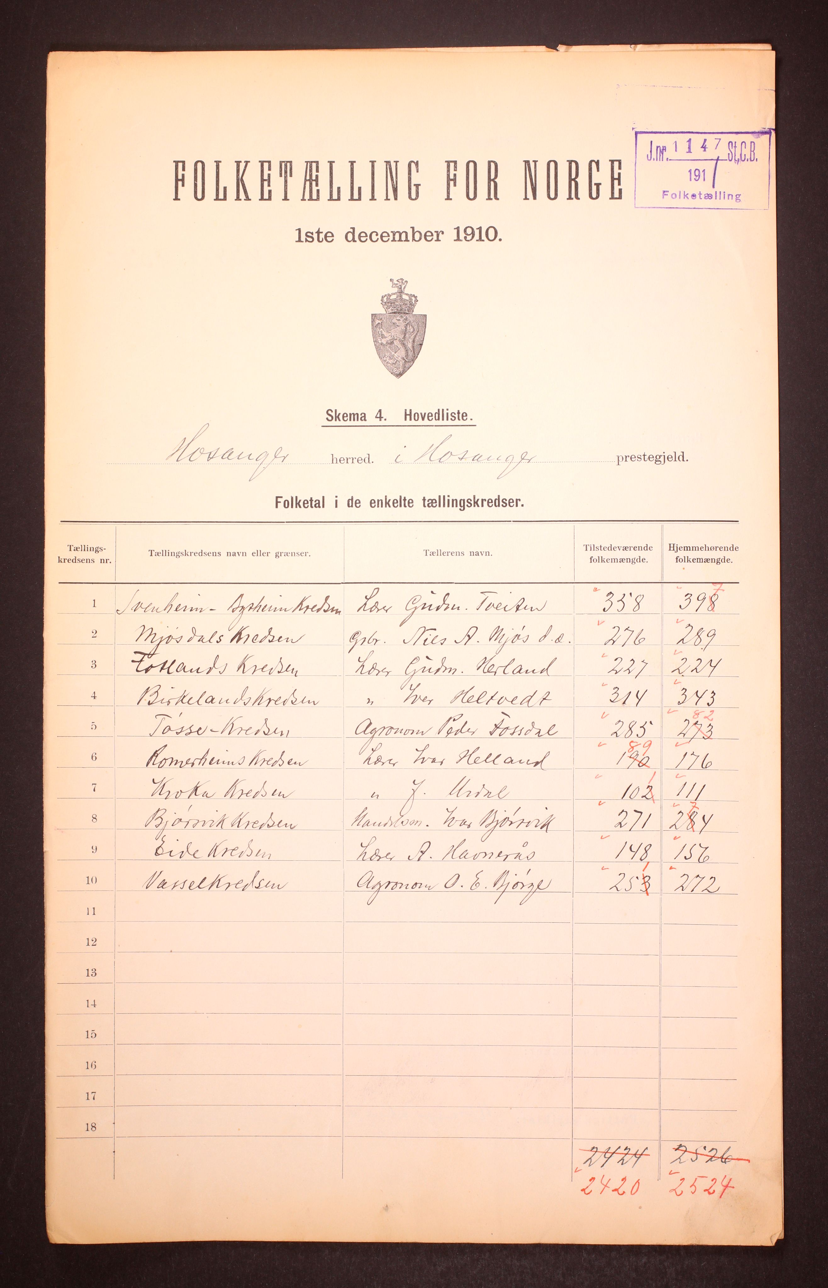 RA, 1910 census for Hosanger, 1910, p. 2