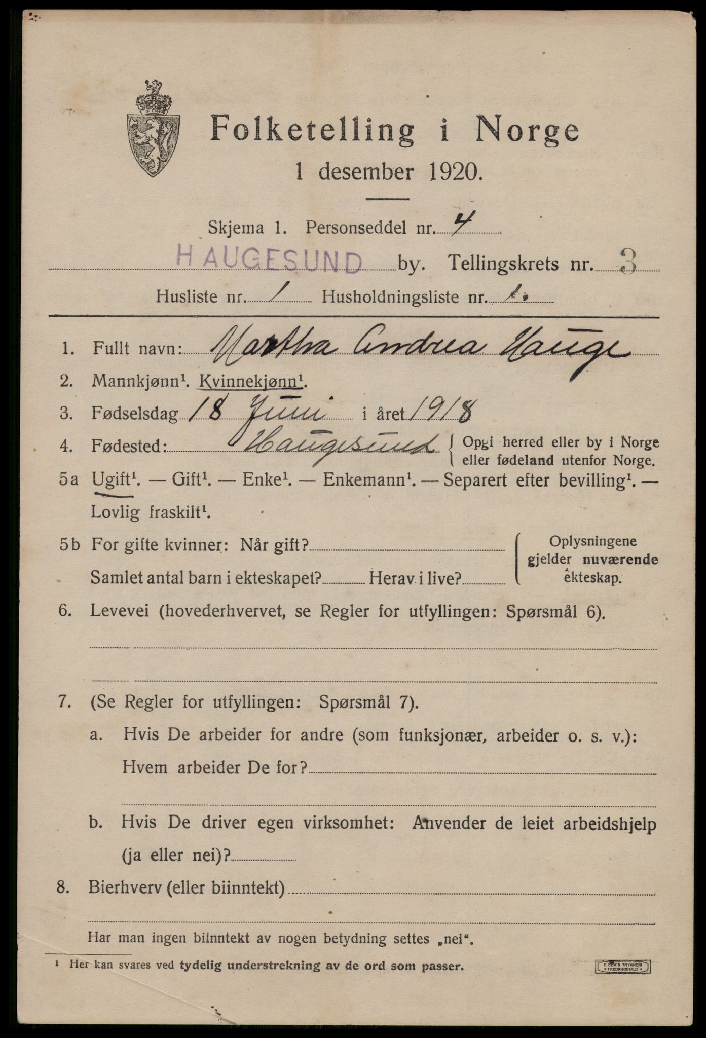 SAST, 1920 census for Haugesund, 1920, p. 14353