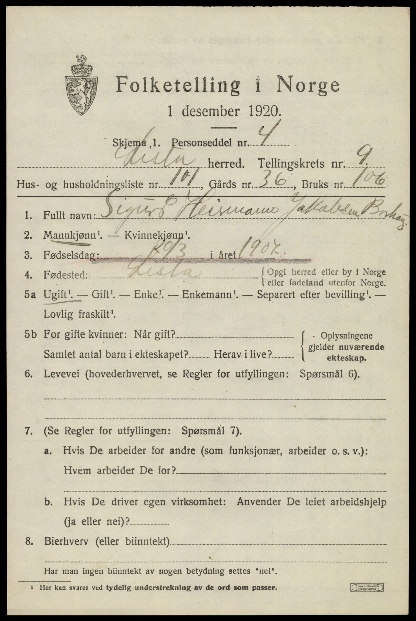 SAK, 1920 census for Lista, 1920, p. 10153