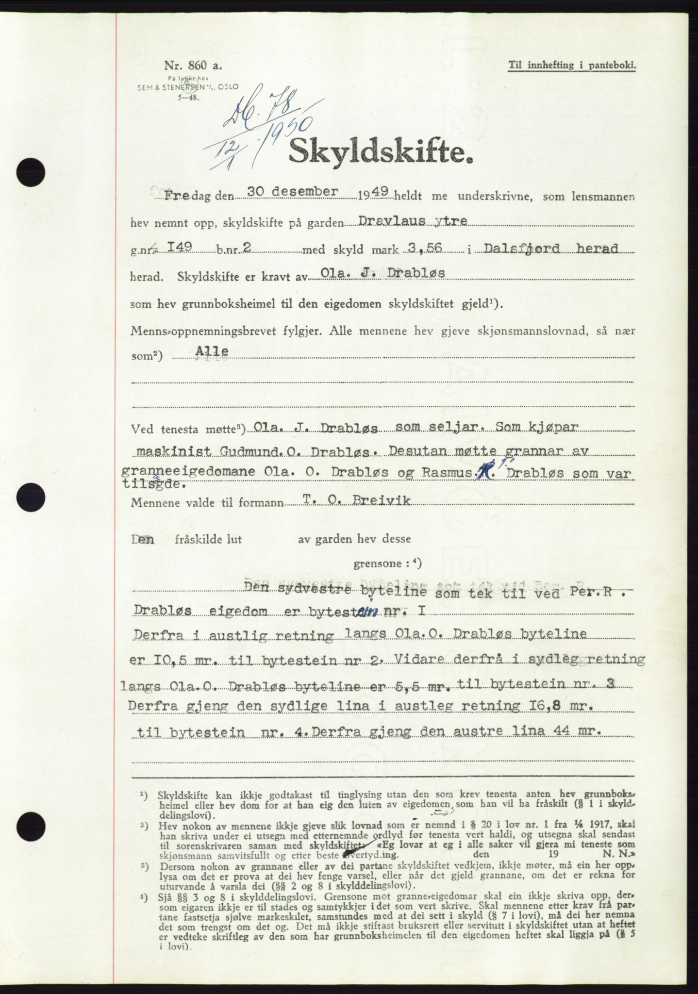 Søre Sunnmøre sorenskriveri, AV/SAT-A-4122/1/2/2C/L0086: Mortgage book no. 12A, 1949-1950, Diary no: : 78/1950