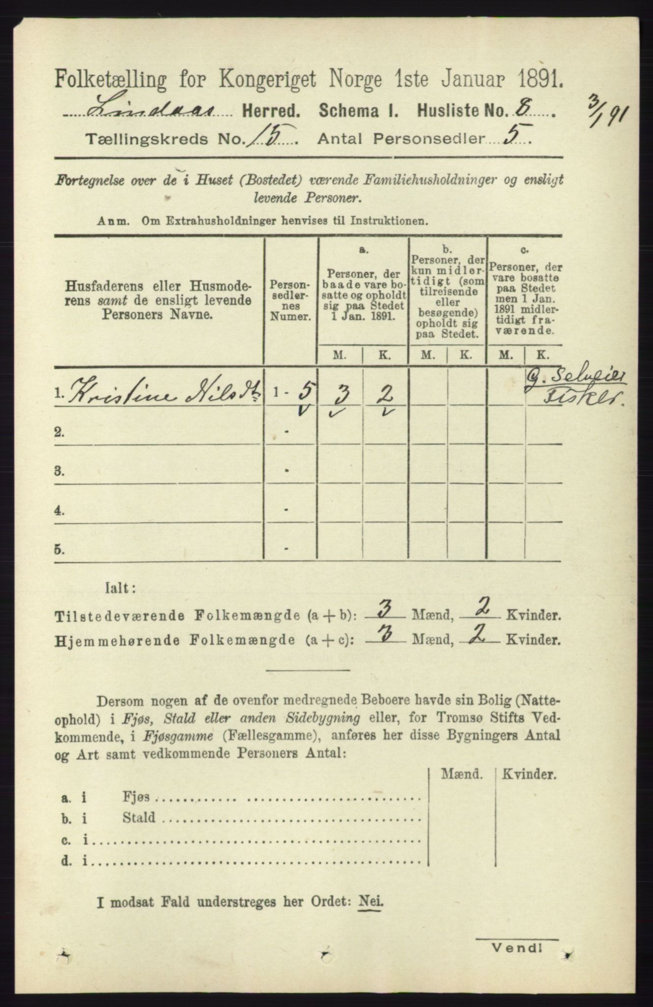 RA, 1891 census for 1263 Lindås, 1891, p. 5216