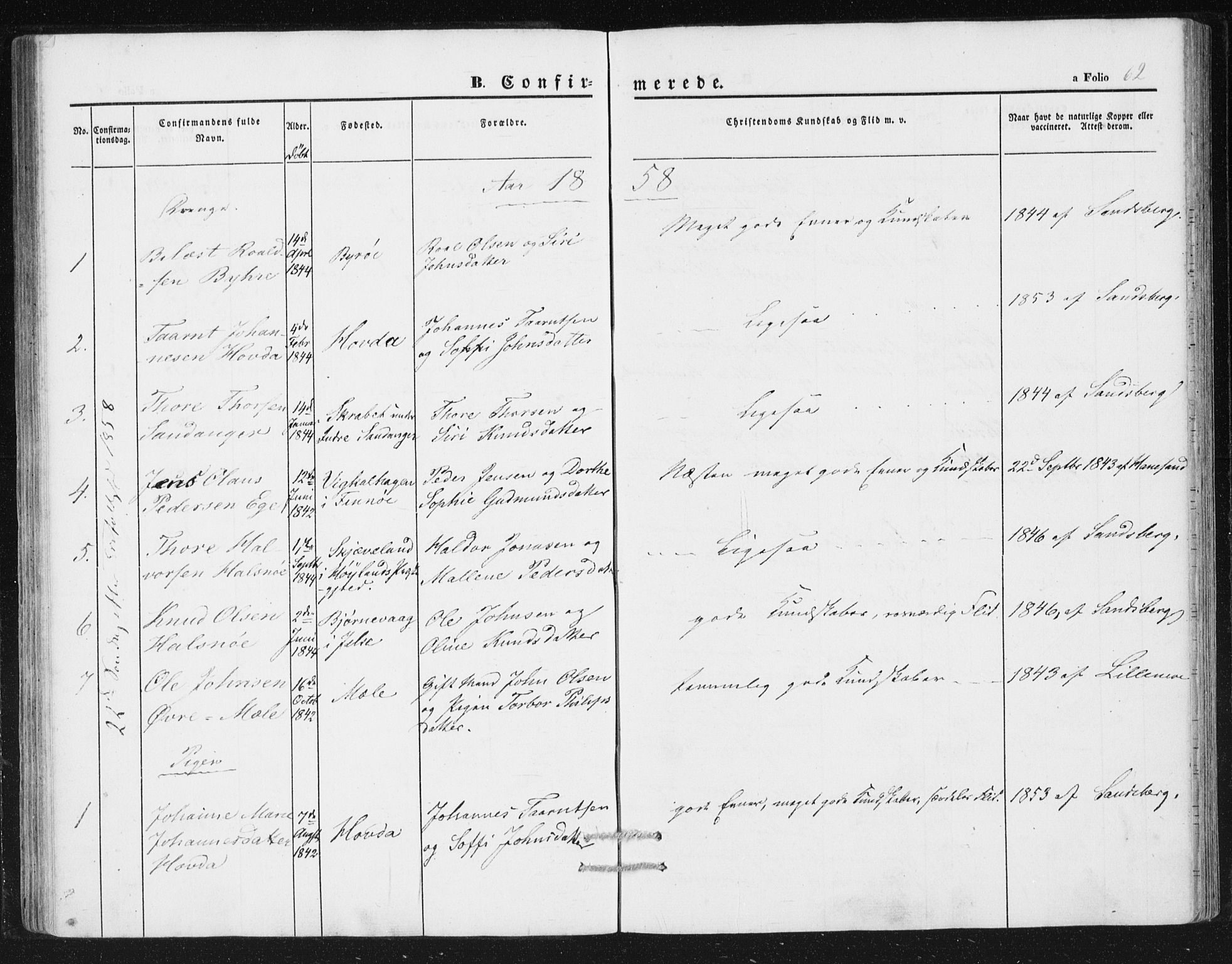 Hjelmeland sokneprestkontor, SAST/A-101843/01/IV/L0010: Parish register (official) no. A 10, 1851-1871, p. 62