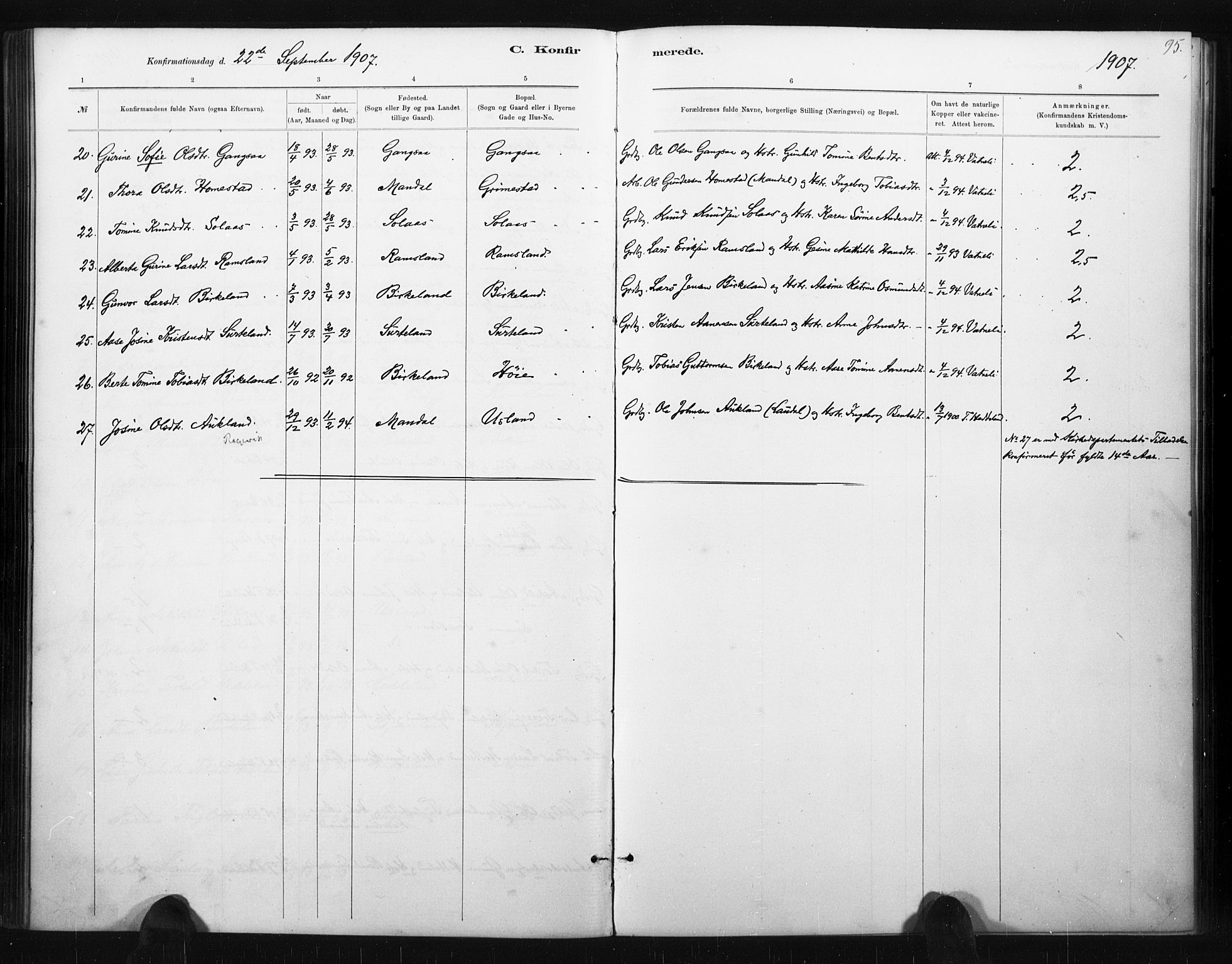 Holum sokneprestkontor, AV/SAK-1111-0022/F/Fa/Fac/L0004: Parish register (official) no. A 4, 1884-1907, p. 95