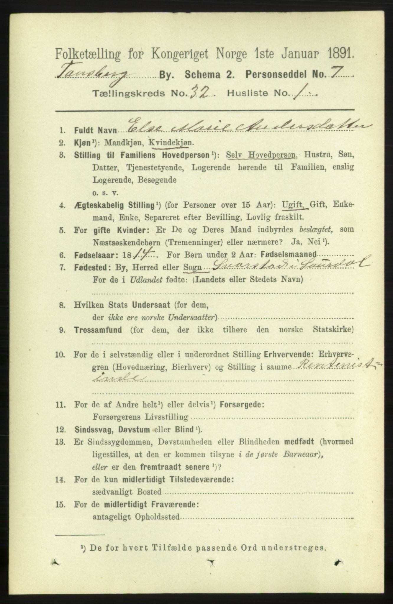 RA, 1891 census for 0705 Tønsberg, 1891, p. 7466