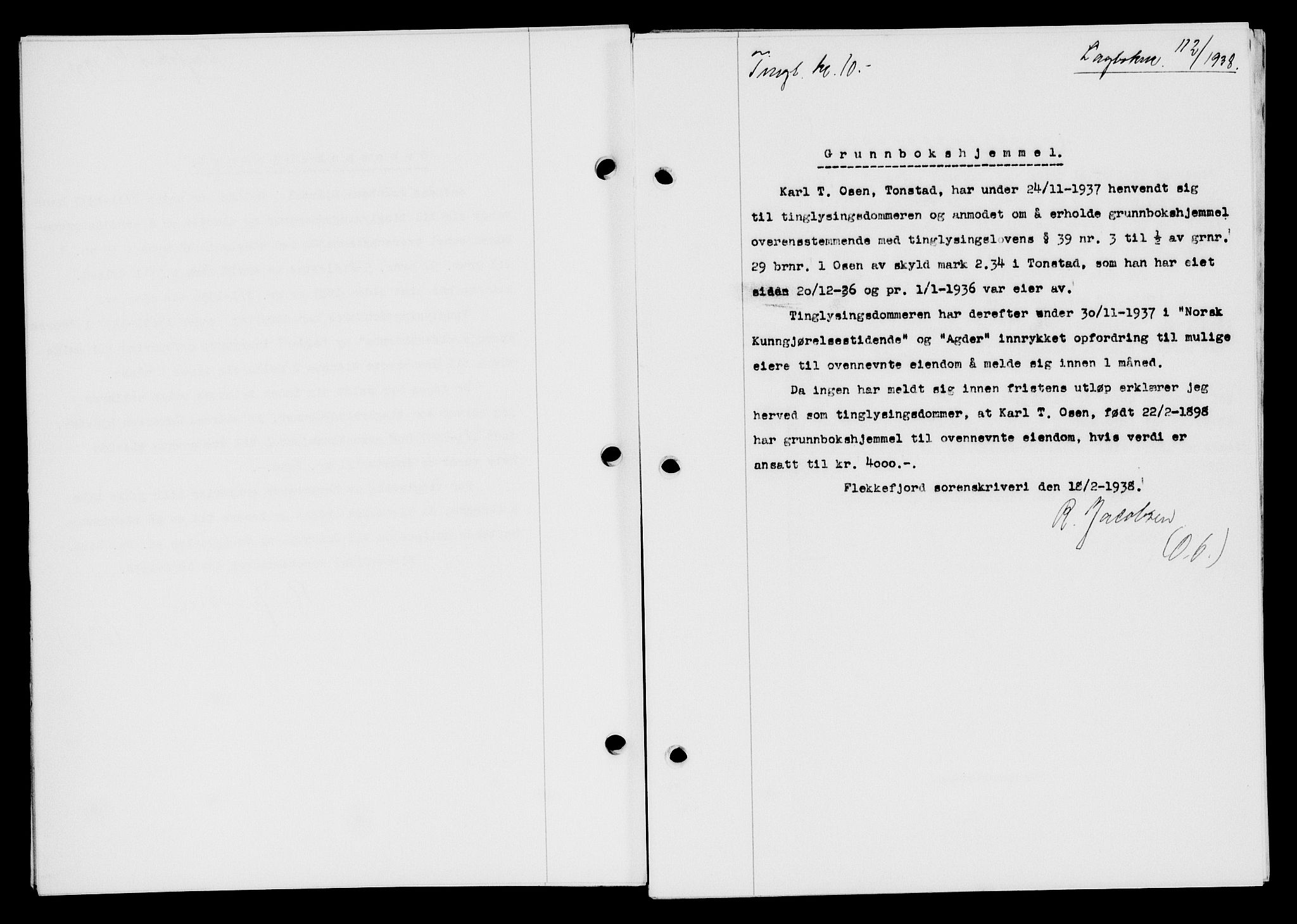 Flekkefjord sorenskriveri, SAK/1221-0001/G/Gb/Gba/L0054: Mortgage book no. A-2, 1937-1938, Diary no: : 112/1938
