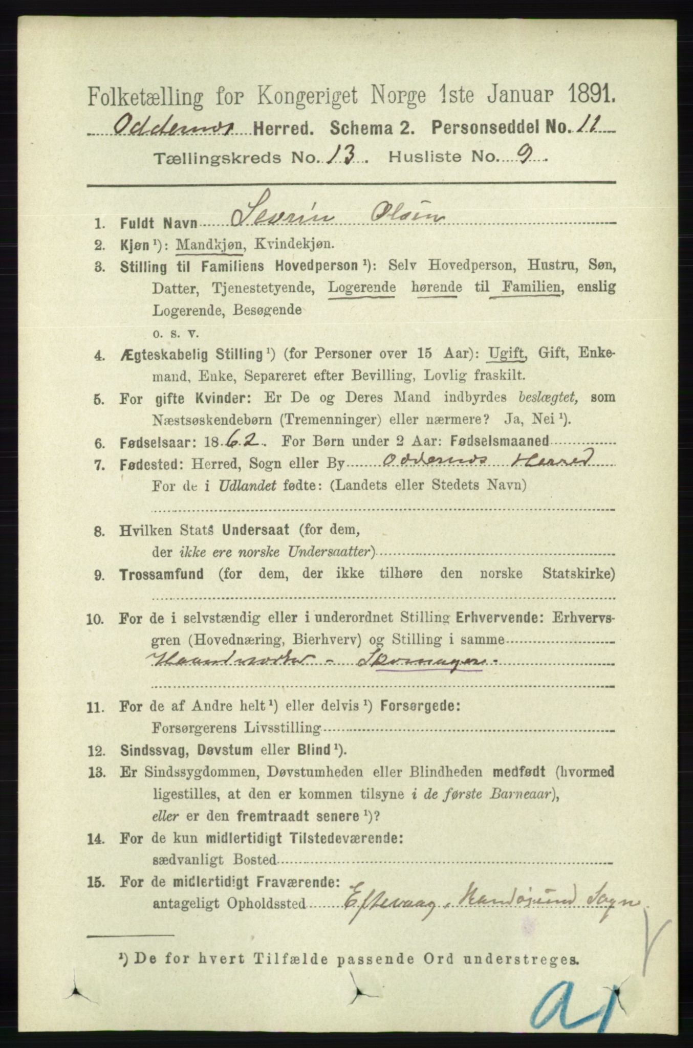 RA, 1891 census for 1012 Oddernes, 1891, p. 4697