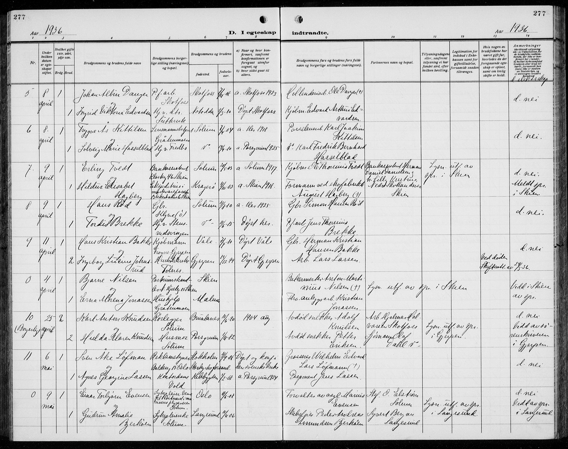 Solum kirkebøker, AV/SAKO-A-306/G/Ga/L0010: Parish register (copy) no. I 10, 1921-1937, p. 277