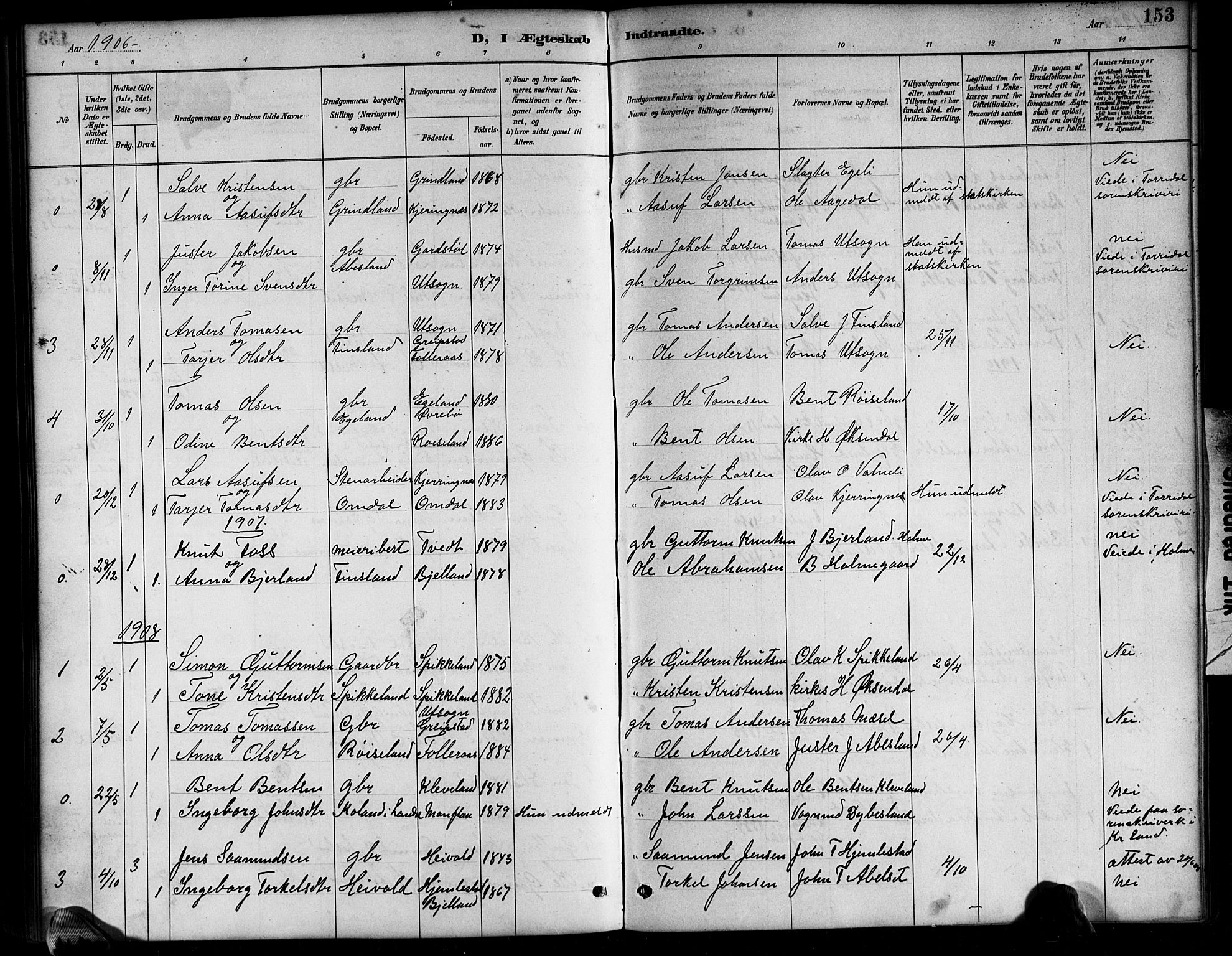 Bjelland sokneprestkontor, SAK/1111-0005/F/Fb/Fbb/L0005: Parish register (copy) no. B 5, 1887-1918, p. 153