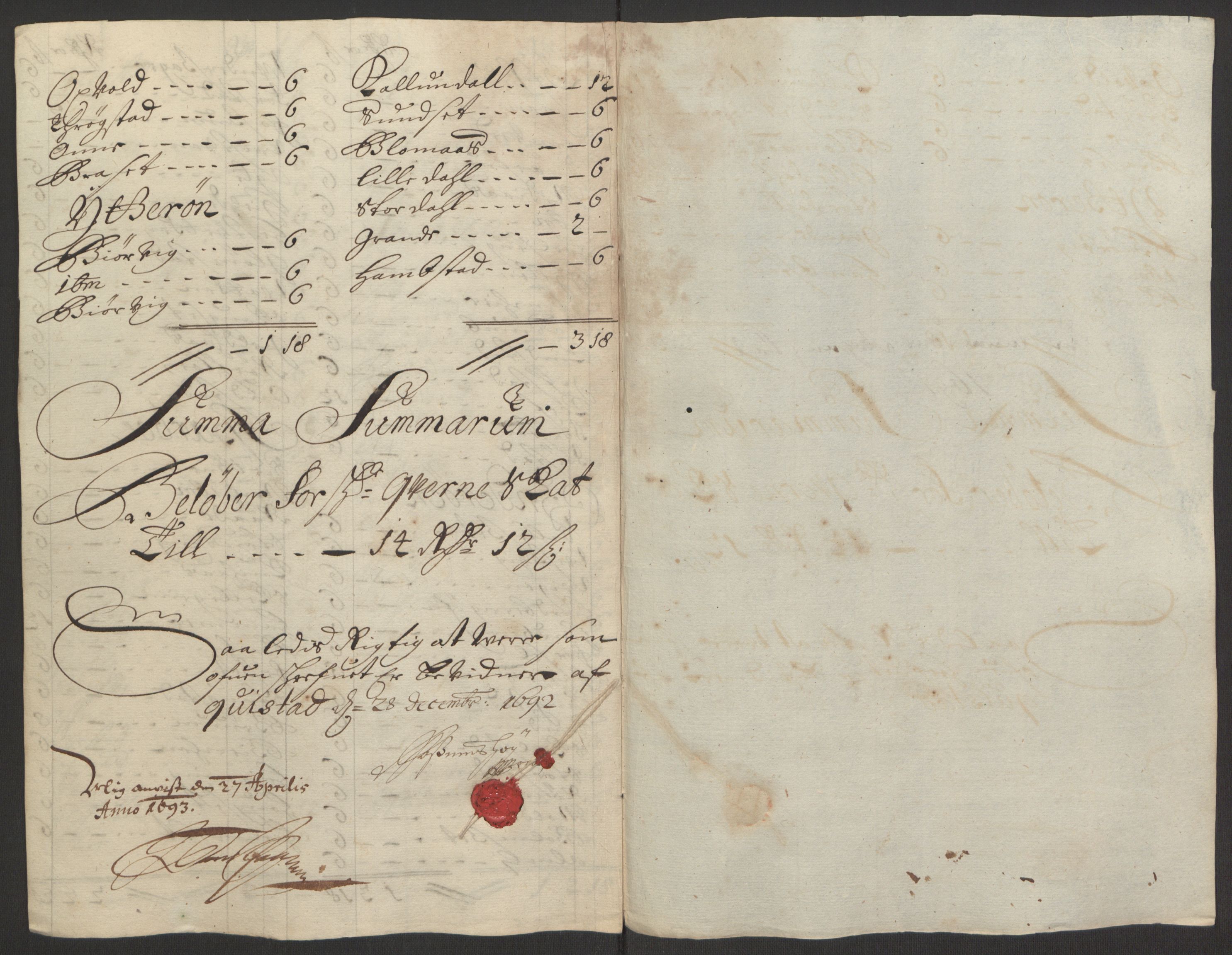 Rentekammeret inntil 1814, Reviderte regnskaper, Fogderegnskap, RA/EA-4092/R63/L4308: Fogderegnskap Inderøy, 1692-1694, p. 80