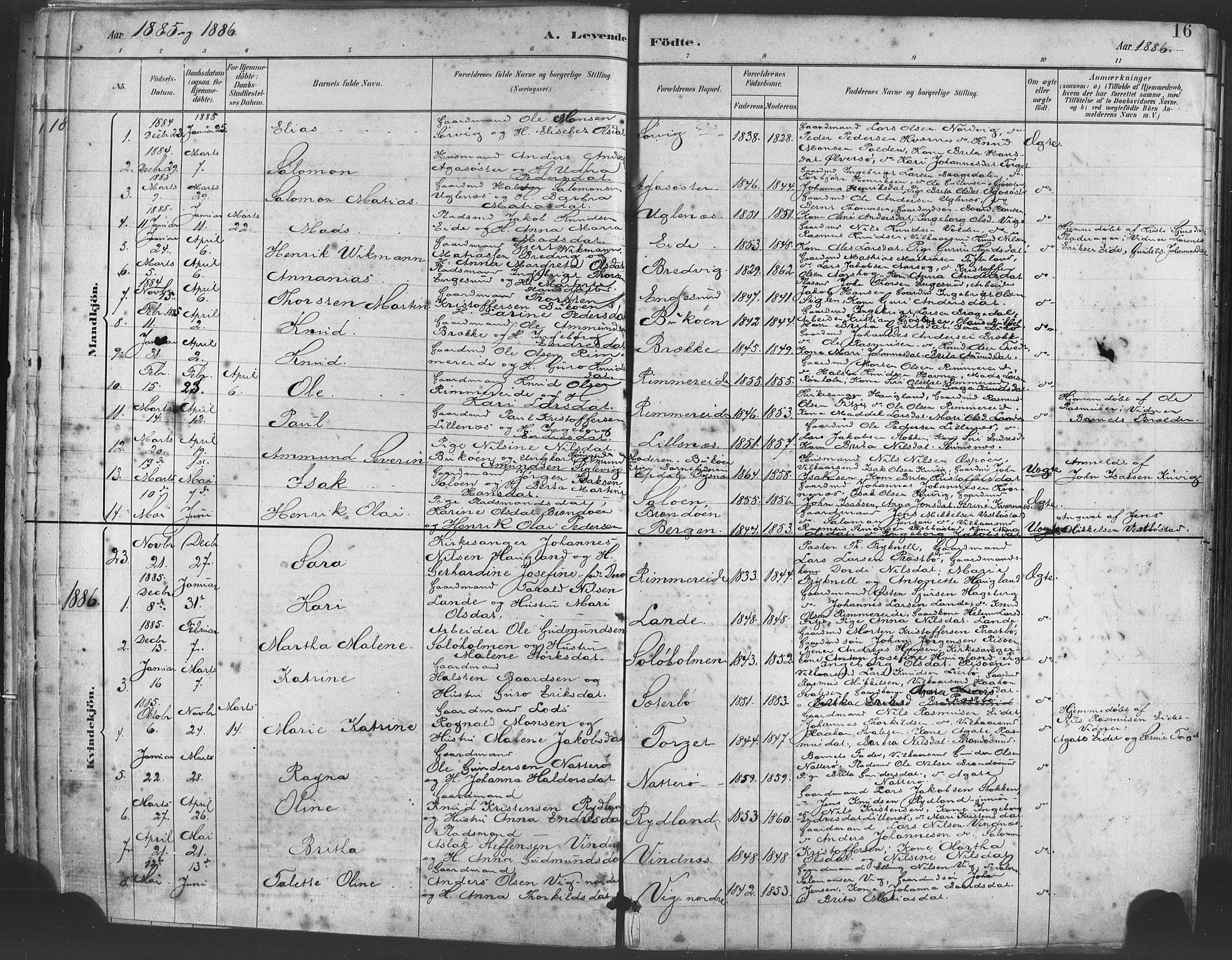 Fitjar sokneprestembete, SAB/A-99926: Parish register (official) no. A 2, 1882-1899, p. 16