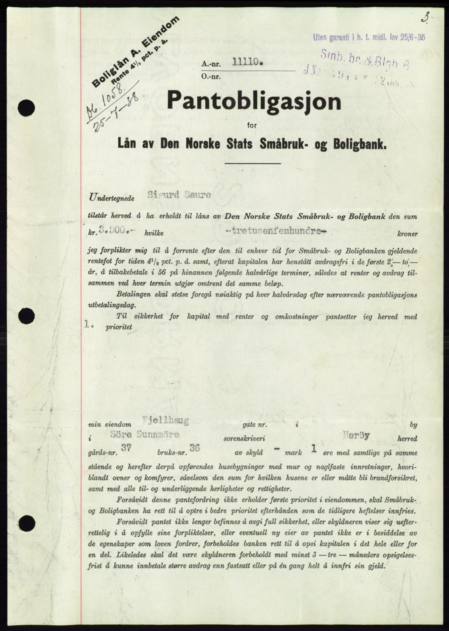 Søre Sunnmøre sorenskriveri, AV/SAT-A-4122/1/2/2C/L0066: Mortgage book no. 60, 1938-1938, Diary no: : 1058/1938