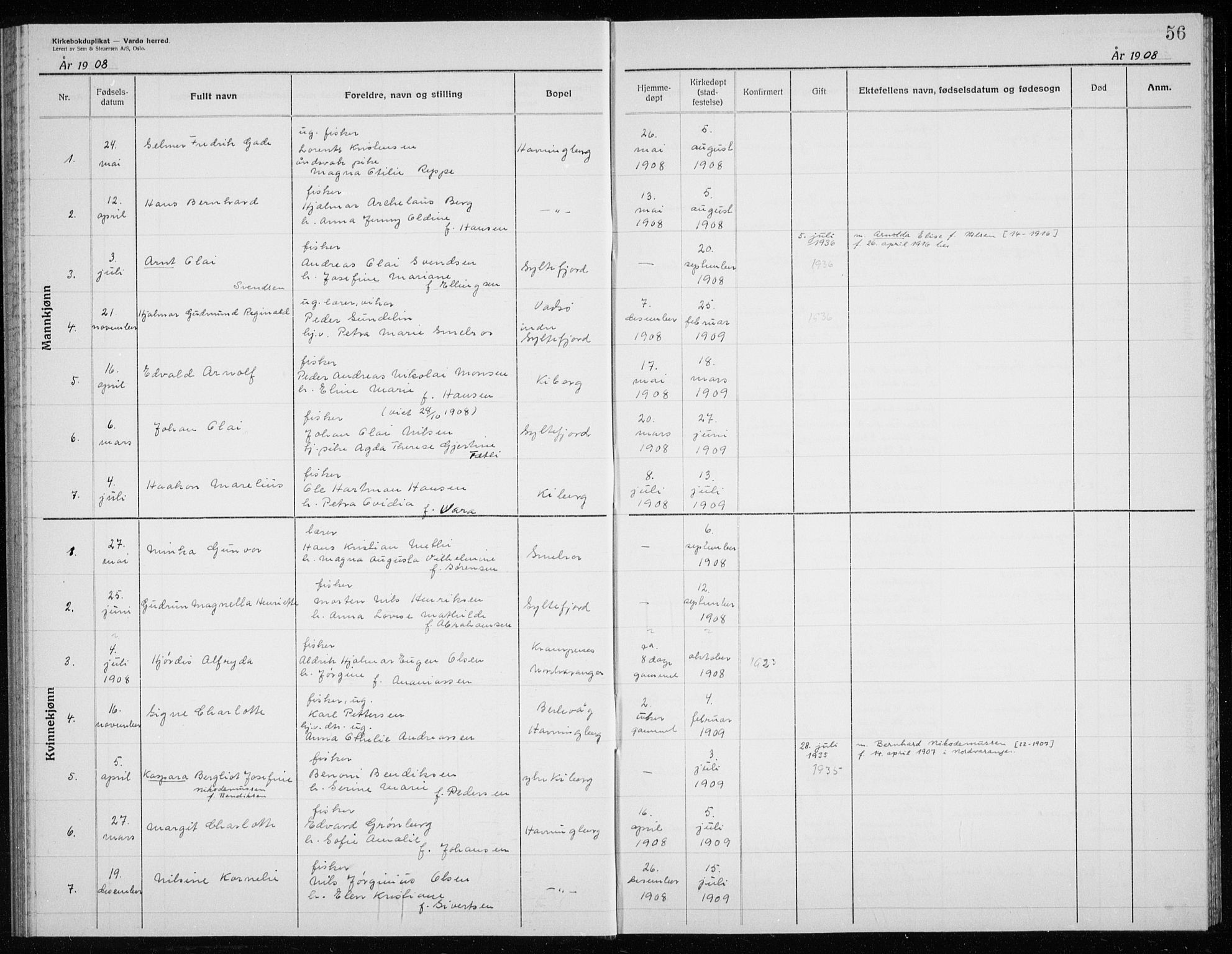 Vardø sokneprestkontor, AV/SATØ-S-1332/H/Hc/L0006kirkerekon: Other parish register no. 6, 1900-1925, p. 56