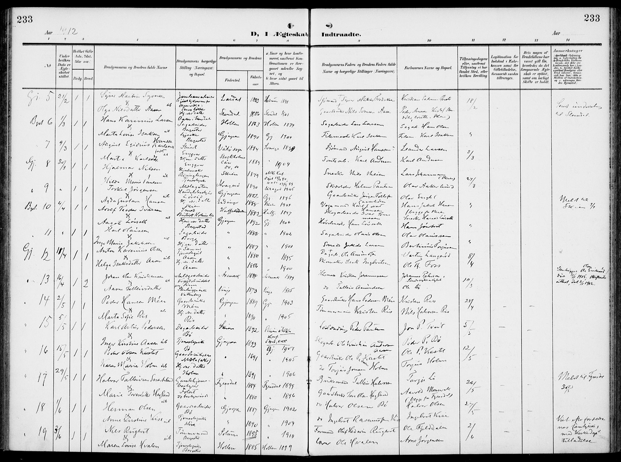 Gjerpen kirkebøker, SAKO/A-265/F/Fa/L0012: Parish register (official) no. I 12, 1905-1913, p. 233