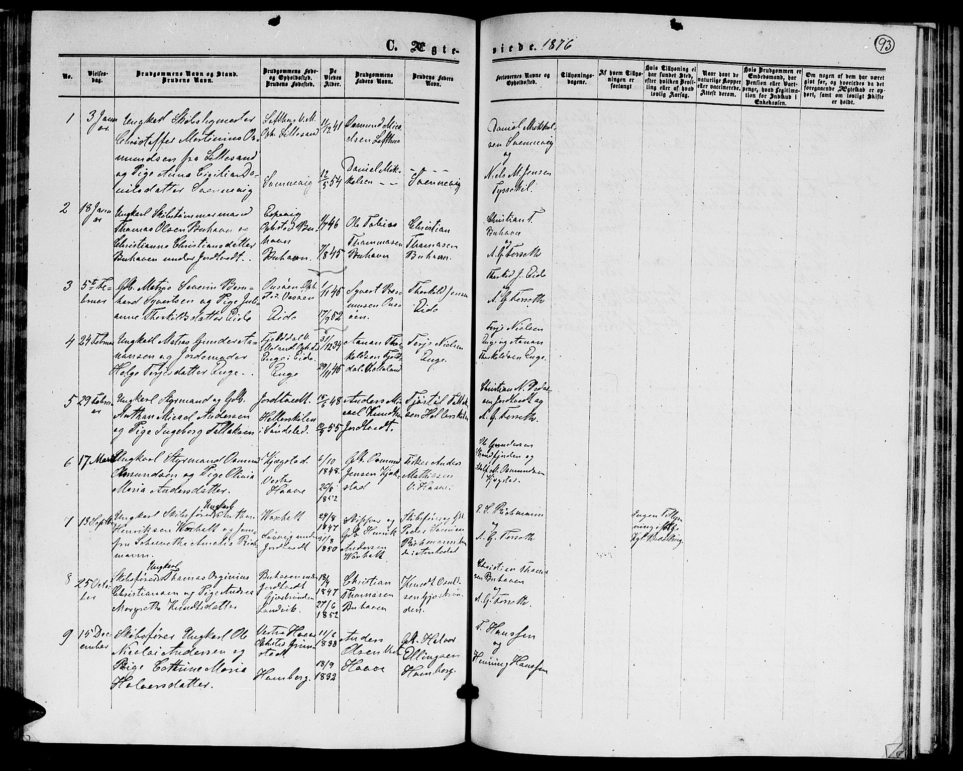 Hommedal sokneprestkontor, AV/SAK-1111-0023/F/Fb/Fba/L0003: Parish register (copy) no. B 3, 1863-1884, p. 93