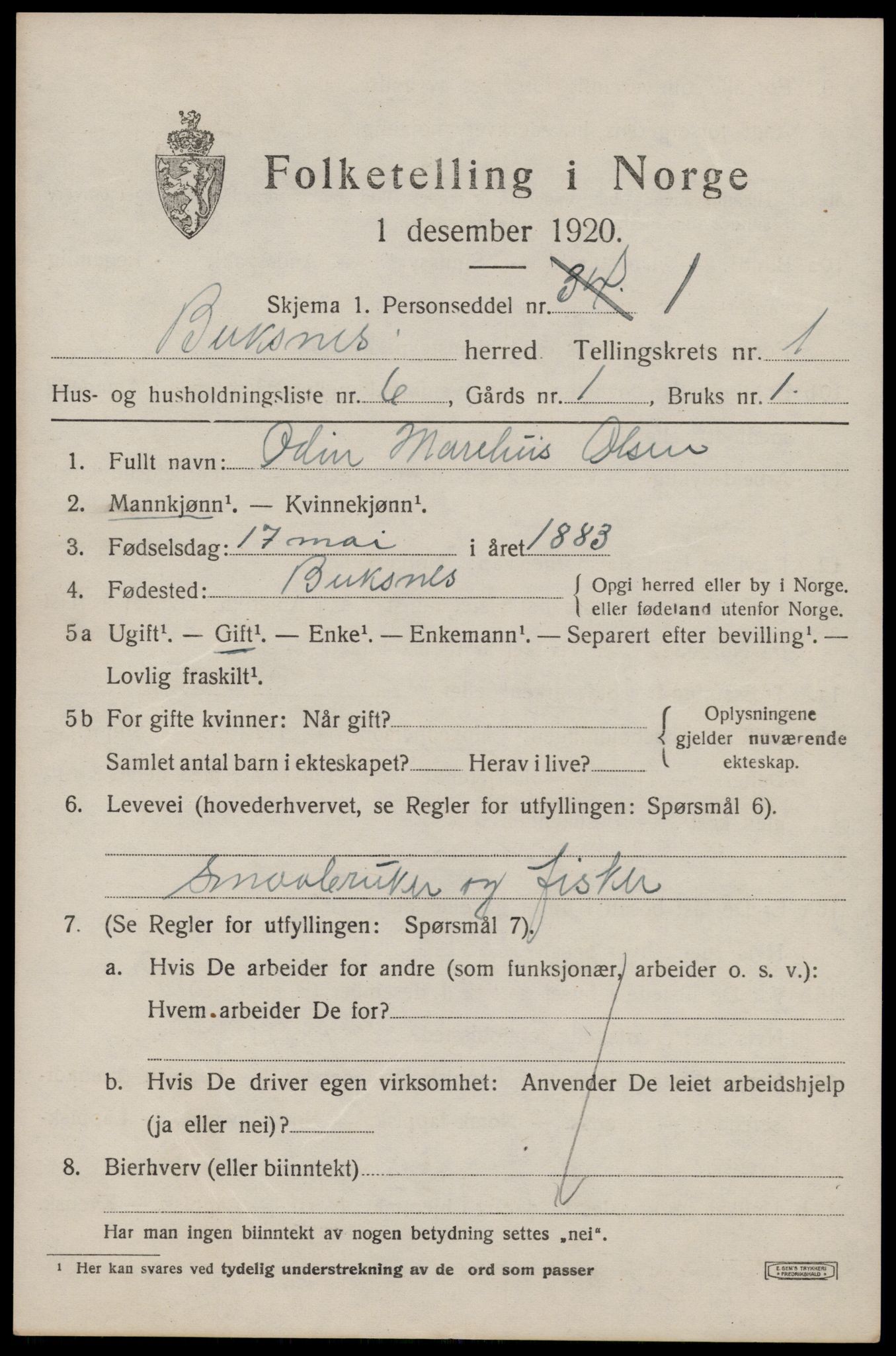 SAT, 1920 census for Buksnes, 1920, p. 1021