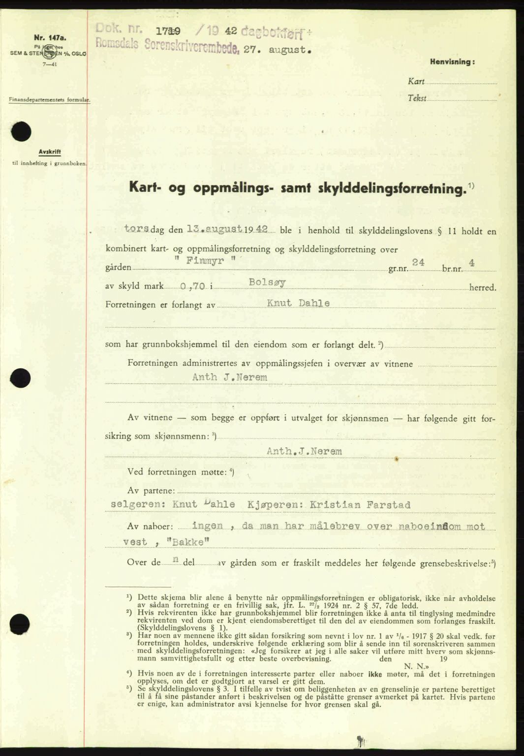 Romsdal sorenskriveri, AV/SAT-A-4149/1/2/2C: Mortgage book no. A12, 1942-1942, Diary no: : 1719/1942