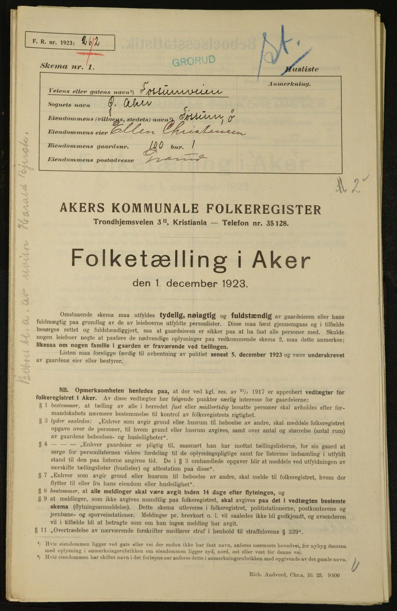 , Municipal Census 1923 for Aker, 1923, p. 23915