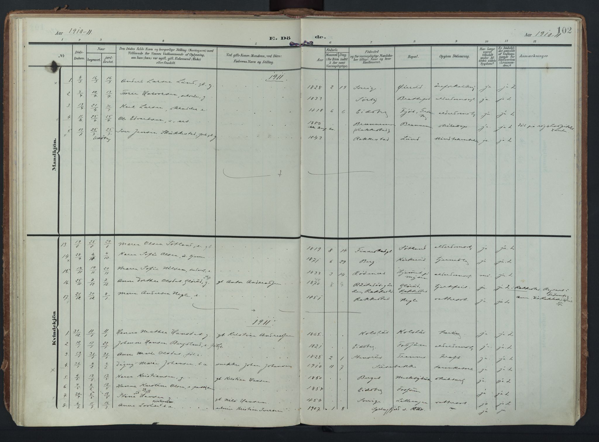 Eidsberg prestekontor Kirkebøker, SAO/A-10905/F/Fc/L0002: Parish register (official) no. III 2, 1906-1934, p. 102