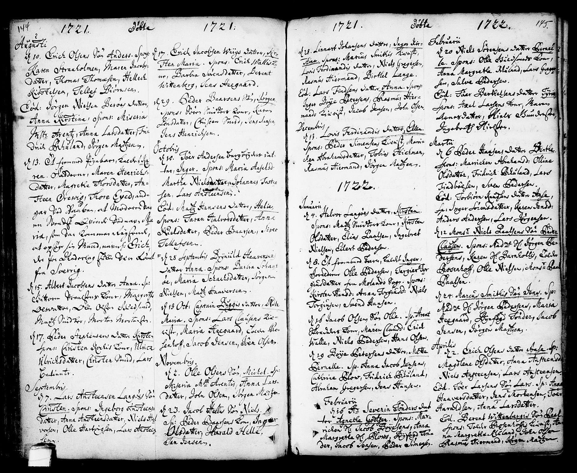 Kragerø kirkebøker, SAKO/A-278/F/Fa/L0001: Parish register (official) no. 1, 1702-1766, p. 144-145