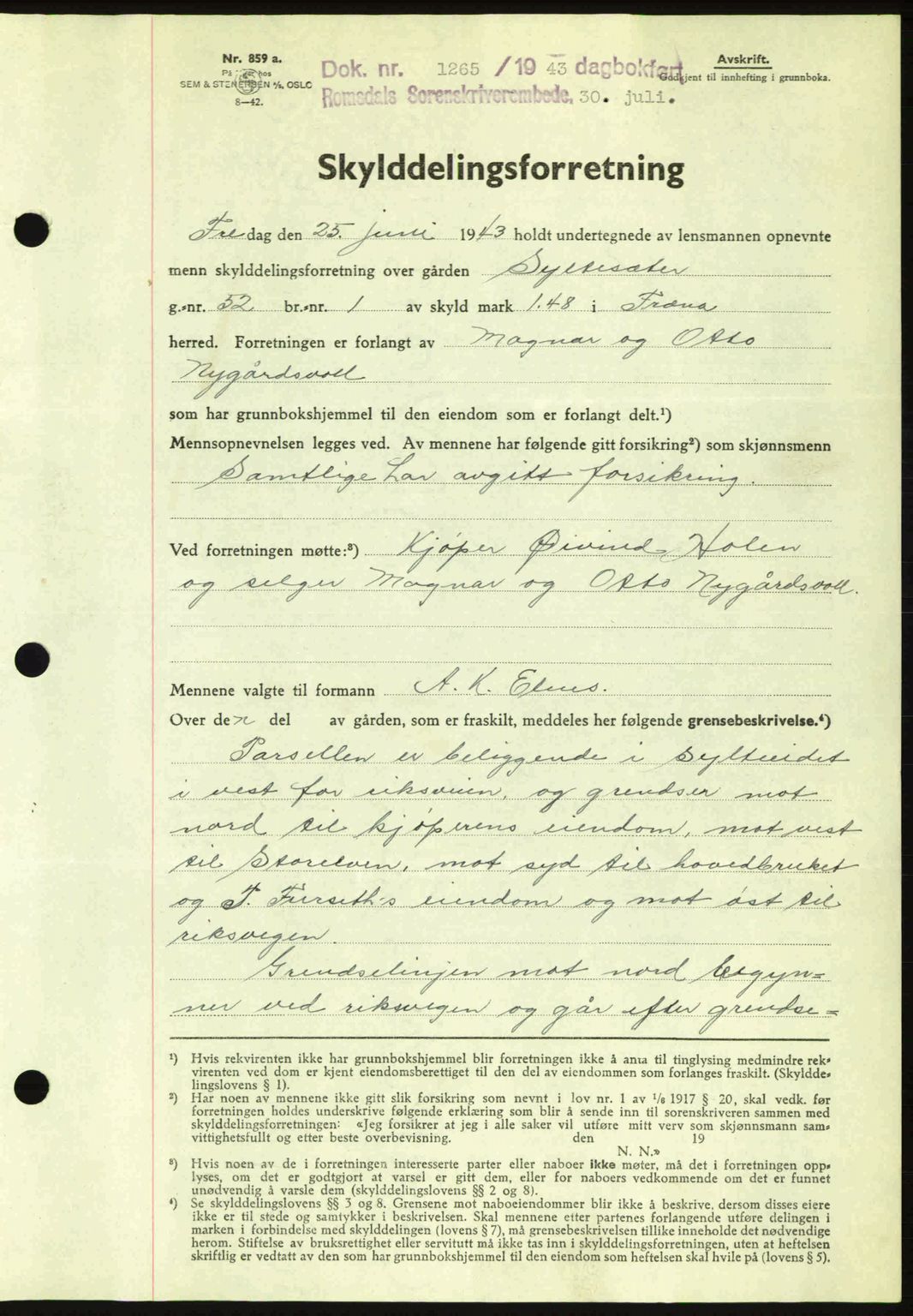 Romsdal sorenskriveri, AV/SAT-A-4149/1/2/2C: Mortgage book no. A14, 1943-1943, Diary no: : 1265/1943