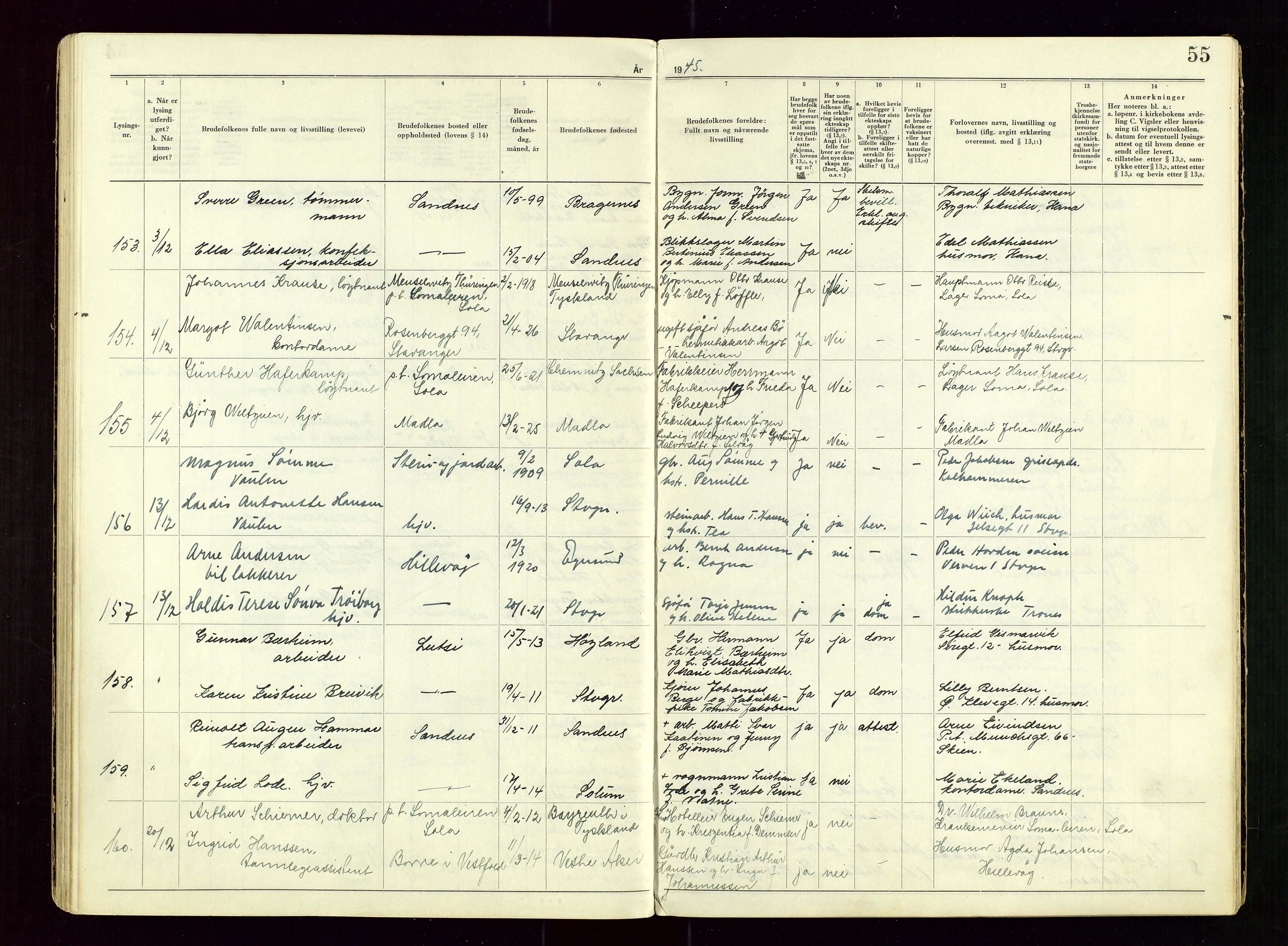 Sandnes sorenskriveri, AV/SAST-A-100312/02/I/Ic/L0001: Vigsel (Lysingsbok), 1944-1954, p. 55