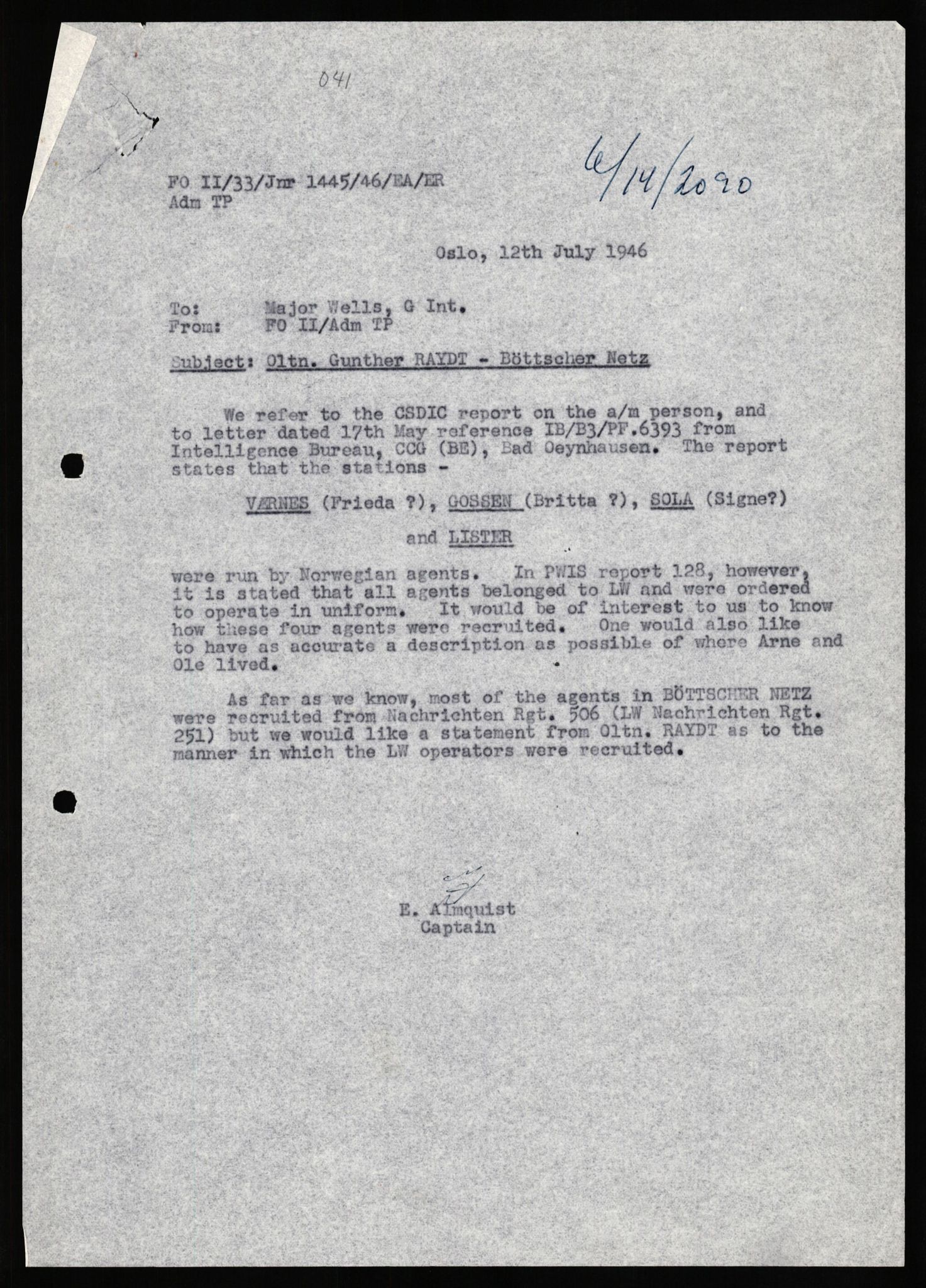 Forsvaret, Forsvarets overkommando II, AV/RA-RAFA-3915/D/Db/L0027: CI Questionaires. Tyske okkupasjonsstyrker i Norge. Tyskere., 1945-1946, p. 62