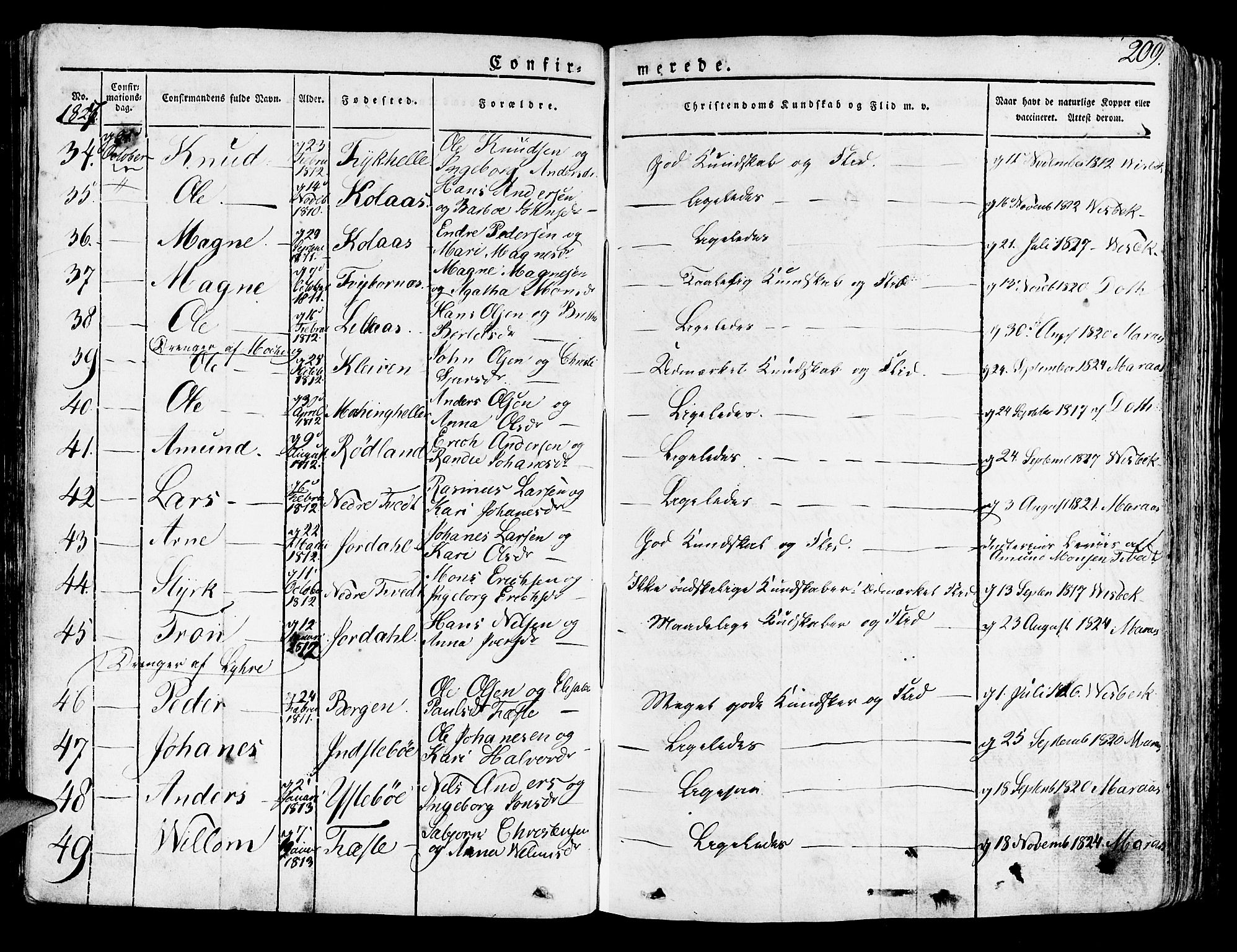 Lindås Sokneprestembete, AV/SAB-A-76701/H/Haa/Haaa/L0008: Parish register (official) no. A 8, 1823-1836, p. 209