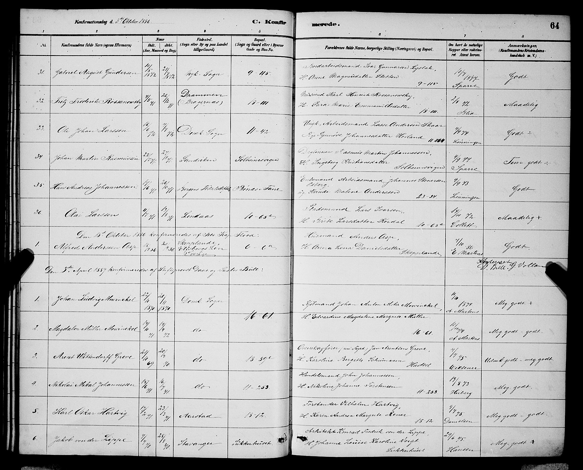 Domkirken sokneprestembete, SAB/A-74801/H/Hab/L0024: Parish register (copy) no. C 4, 1880-1899, p. 64
