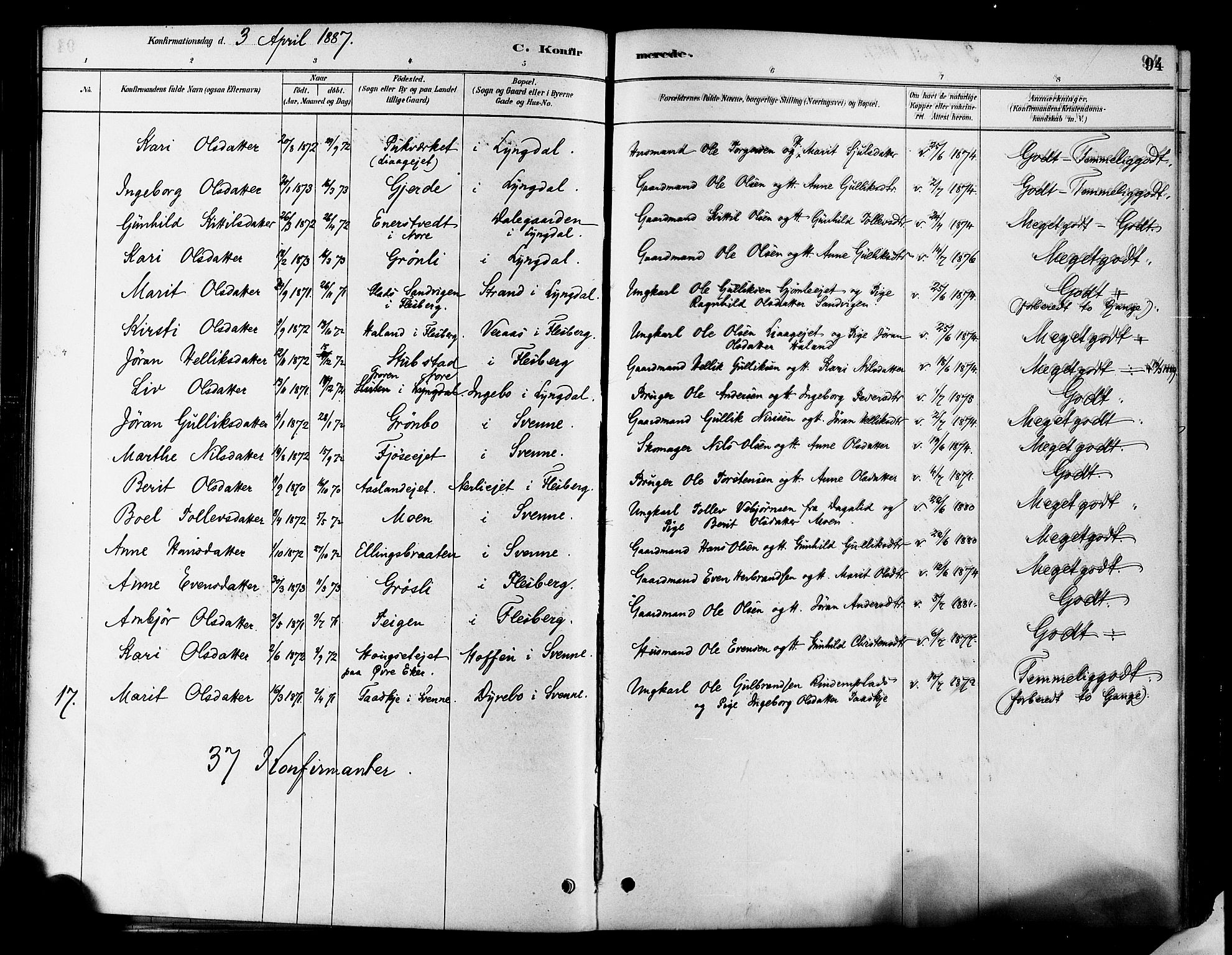 Flesberg kirkebøker, AV/SAKO-A-18/F/Fa/L0008: Parish register (official) no. I 8, 1879-1899, p. 94