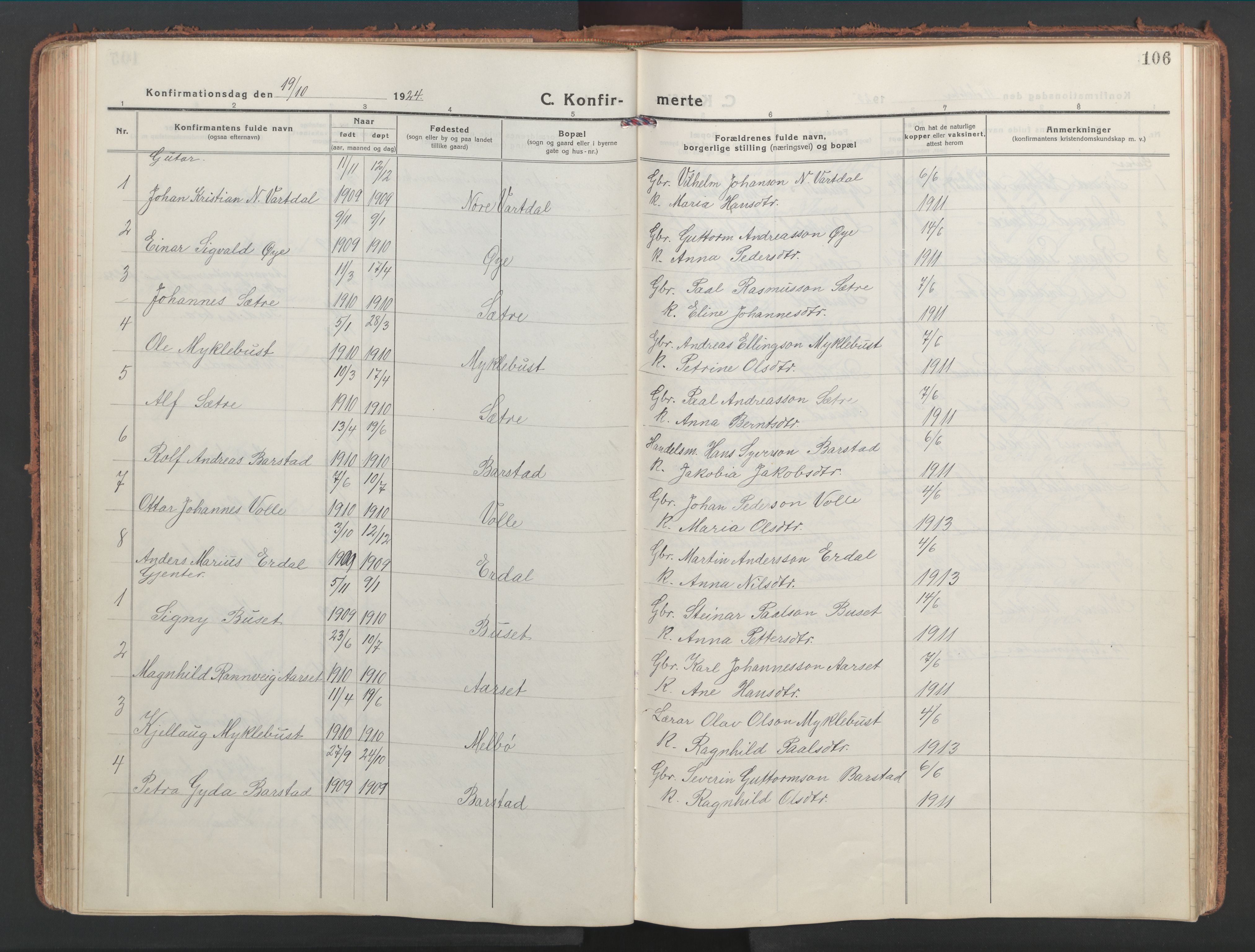 Ministerialprotokoller, klokkerbøker og fødselsregistre - Møre og Romsdal, AV/SAT-A-1454/514/L0202: Parish register (copy) no. 514C02, 1916-1944, p. 106